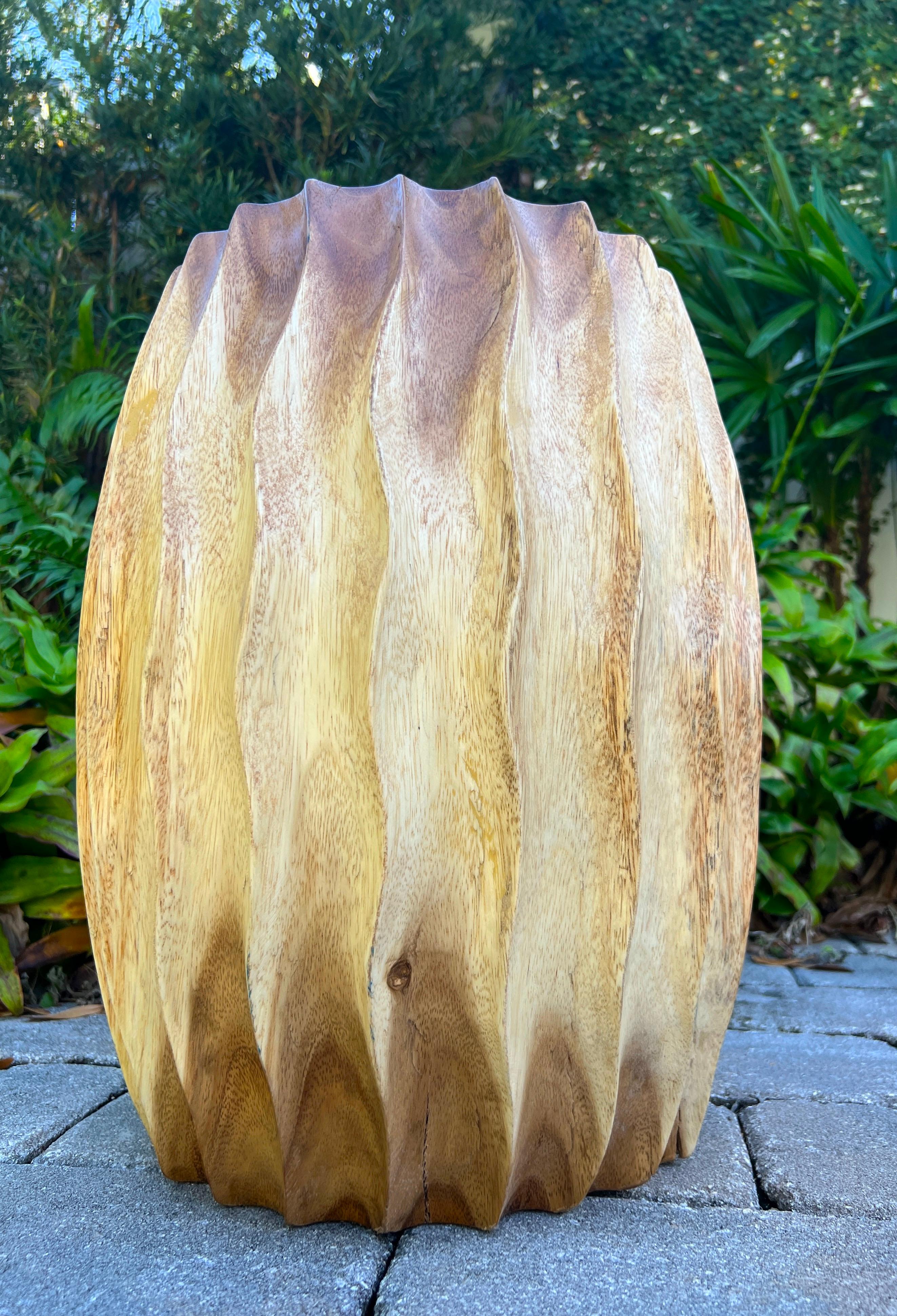 Organic Modern Carved Wood Drum Table or Stool, Thailand For Sale 5