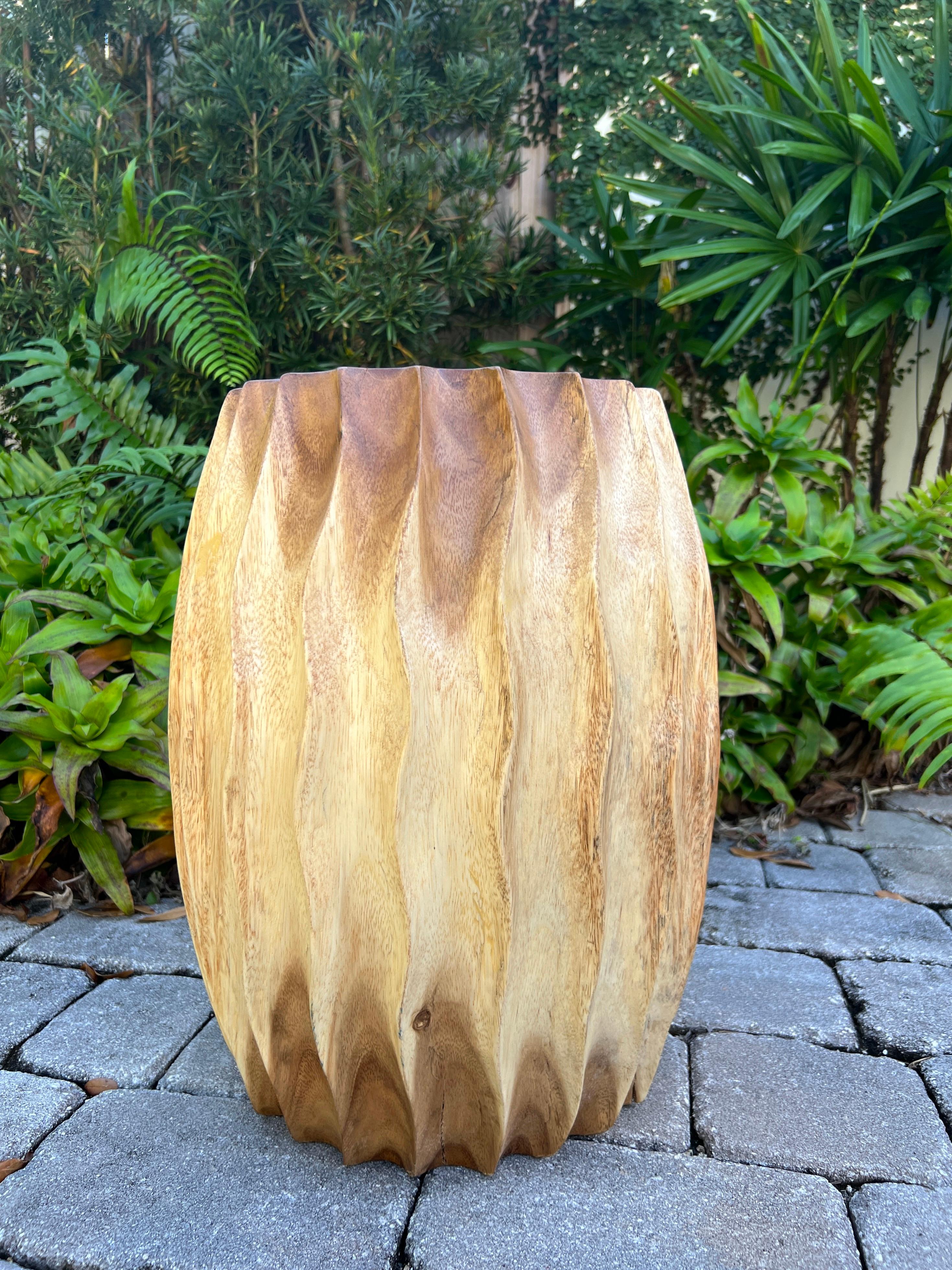 Hand-Carved Organic Modern Carved Wood Drum Table or Stool, Thailand For Sale