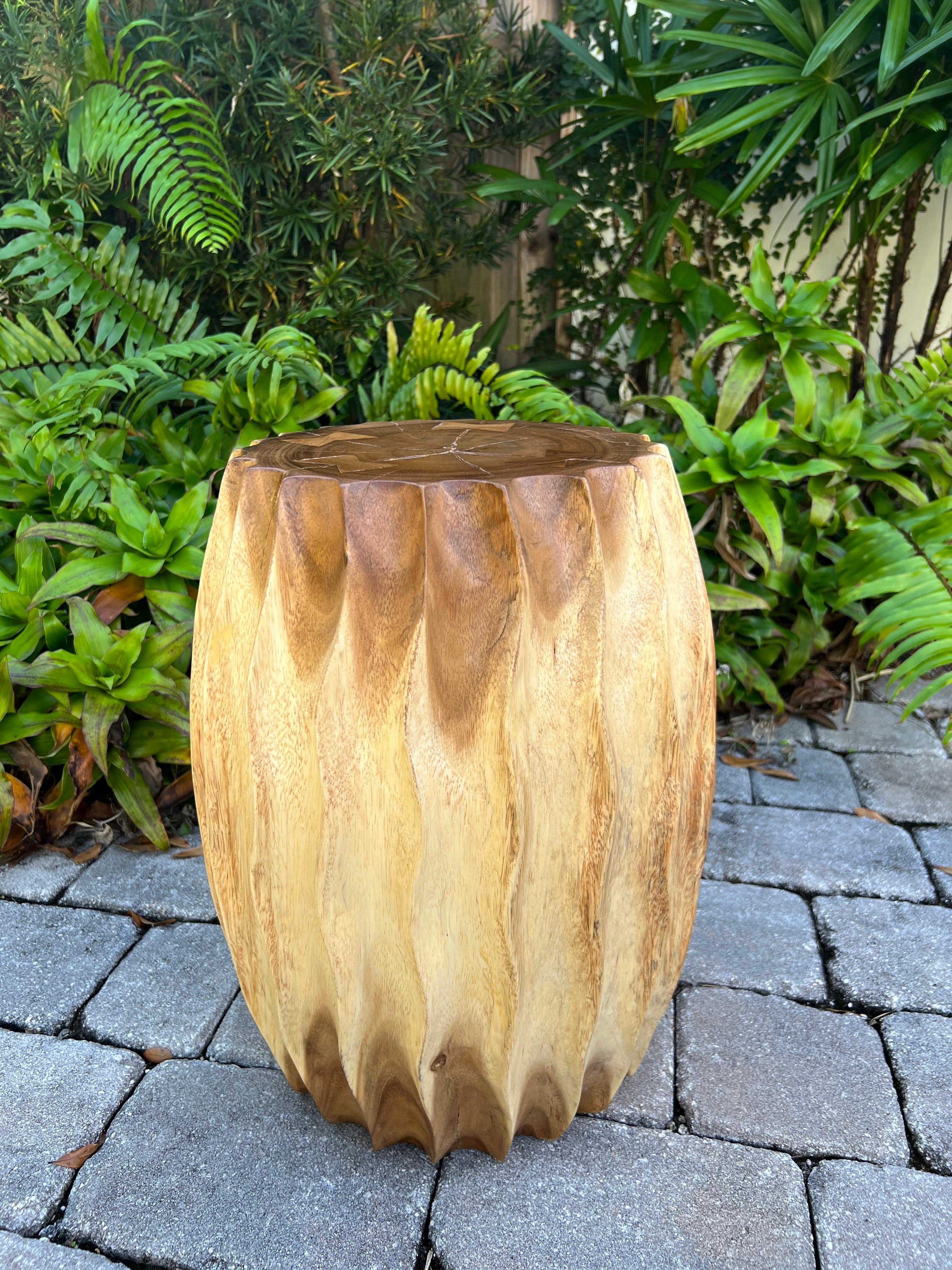 Organic Modern Carved Wood Drum Table or Stool, Thailand In Good Condition For Sale In Fort Lauderdale, FL