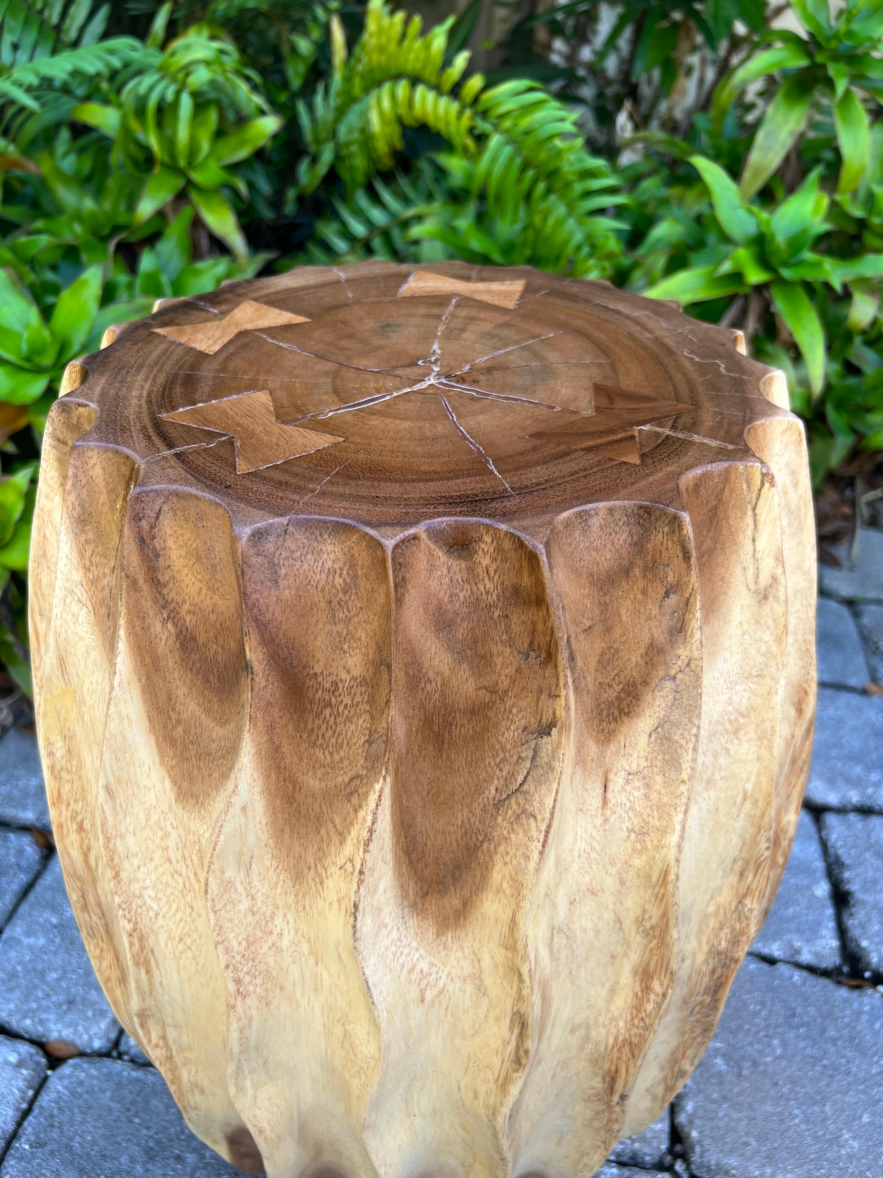 Contemporary Organic Modern Carved Wood Drum Table or Stool, Thailand For Sale