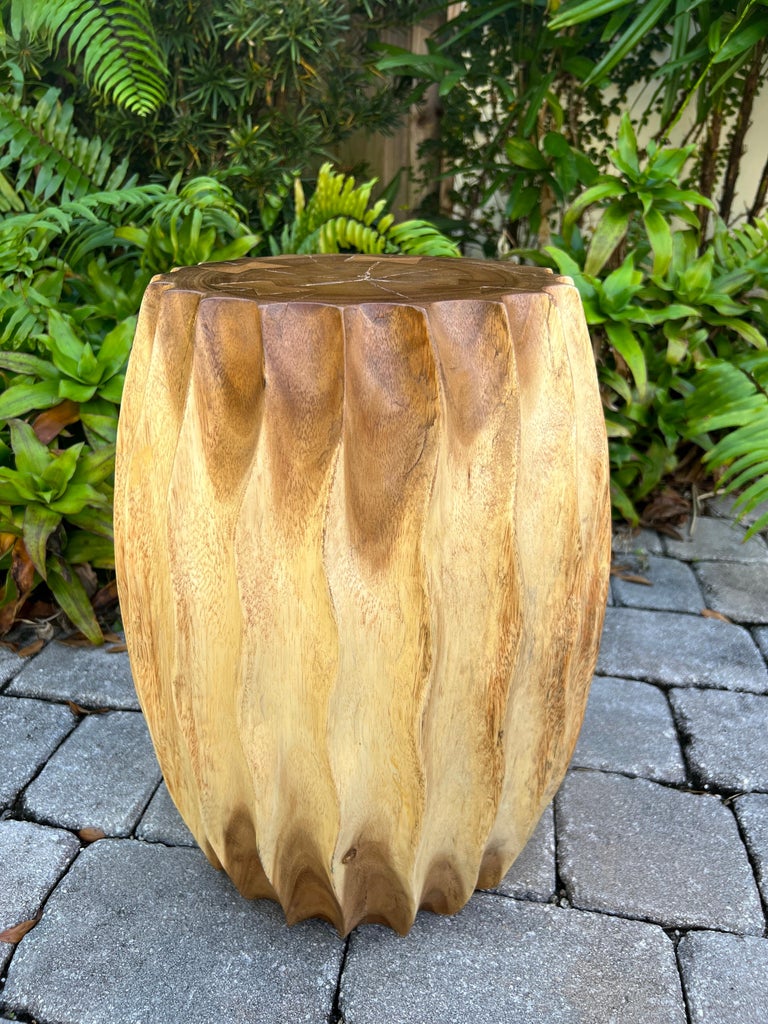 Organic Modern Suar Wood Drum Table or Stool with Fluted Sides