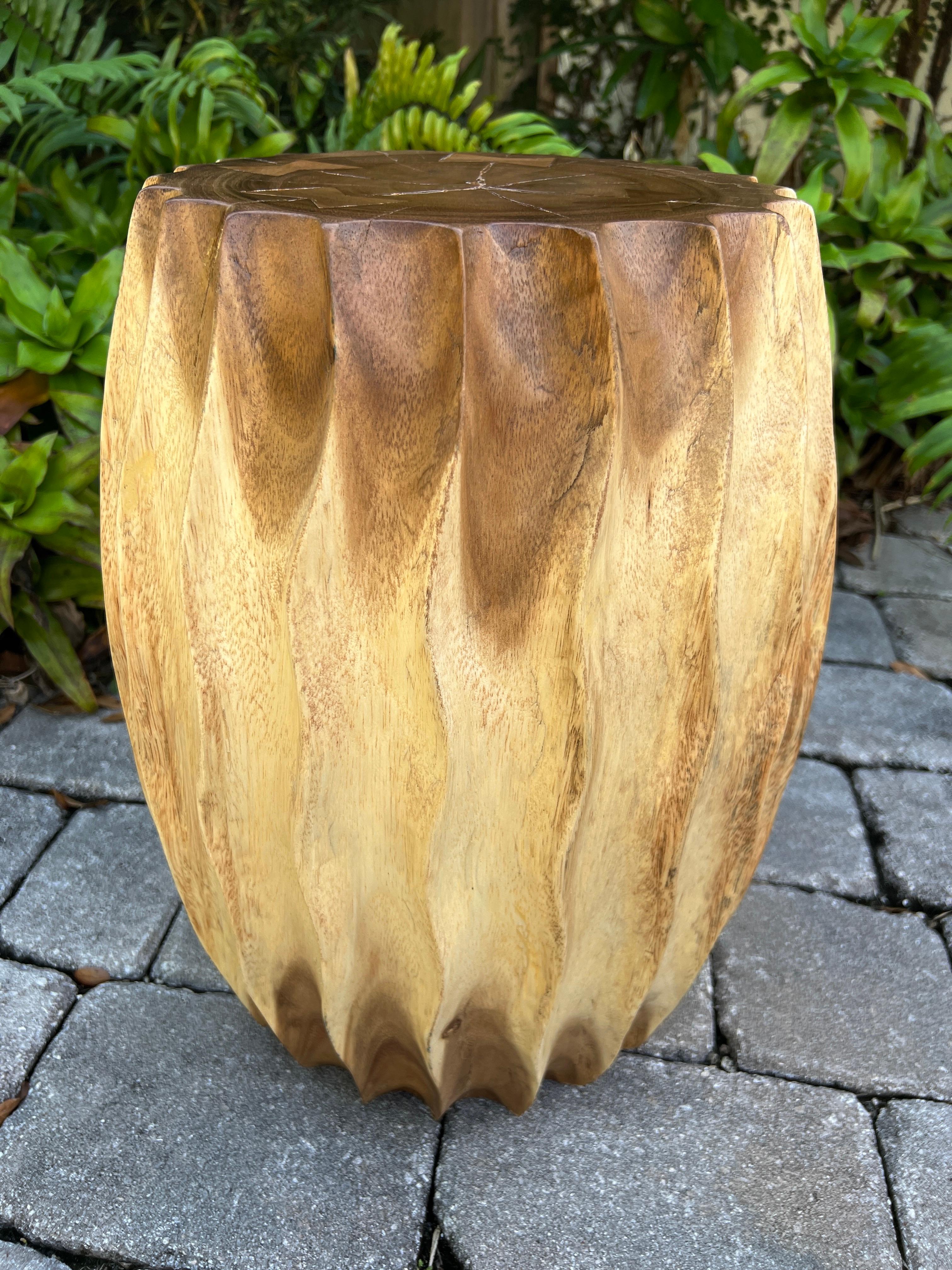 Organic Modern Carved Wood Drum Table or Stool, Thailand For Sale 4