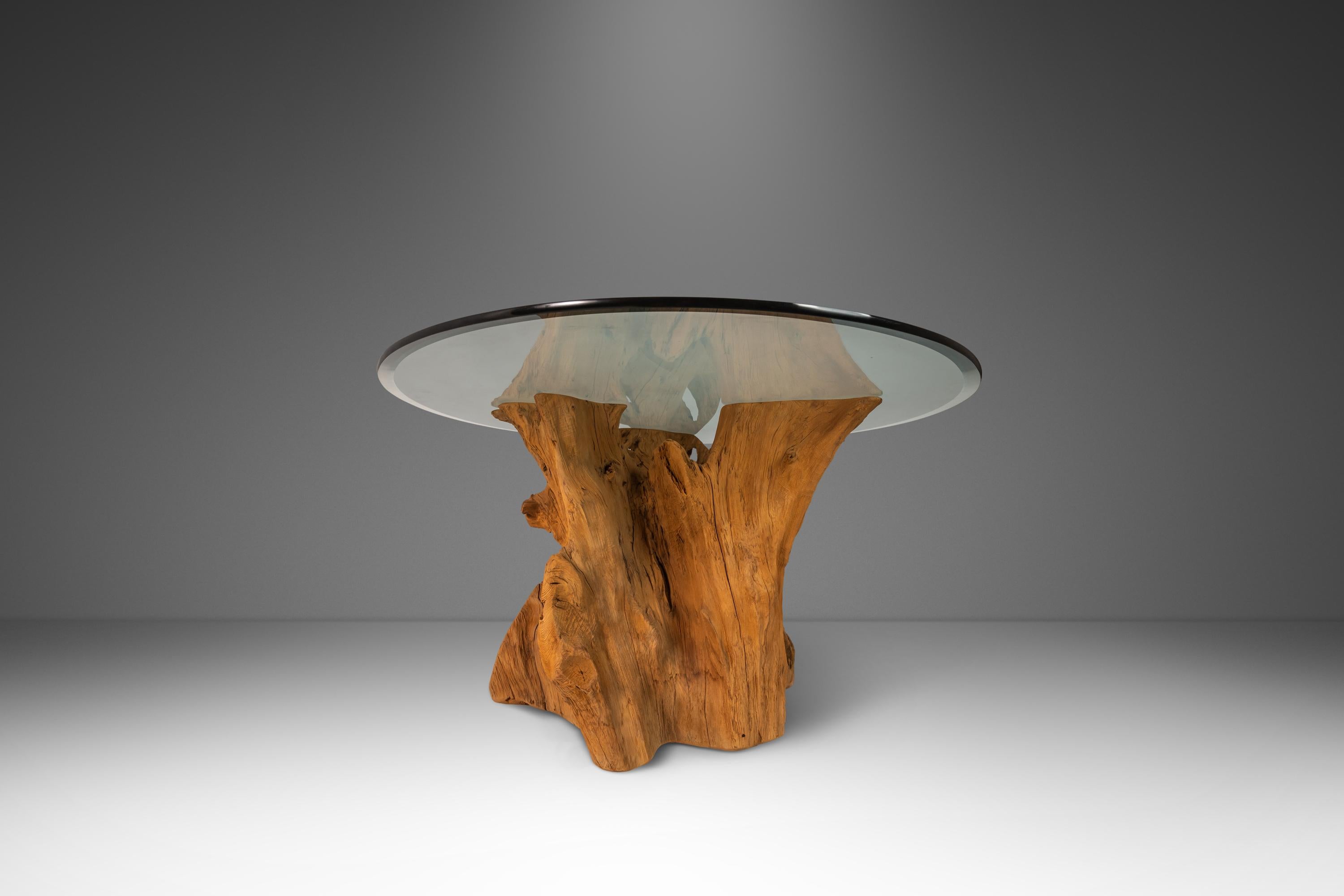 Organic Modern Substantial Glass-Top Dining Table With Cypress Tree Trunk Base 8