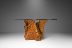 Organic Modern Substantial Glass-Top Dining Table With Cypress Tree Trunk Base