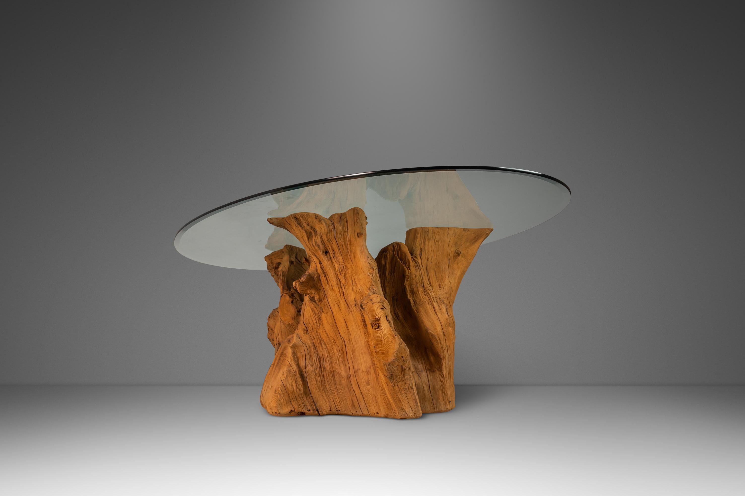 American Organic Modern Substantial Glass-Top Dining Table With Cypress Tree Trunk Base