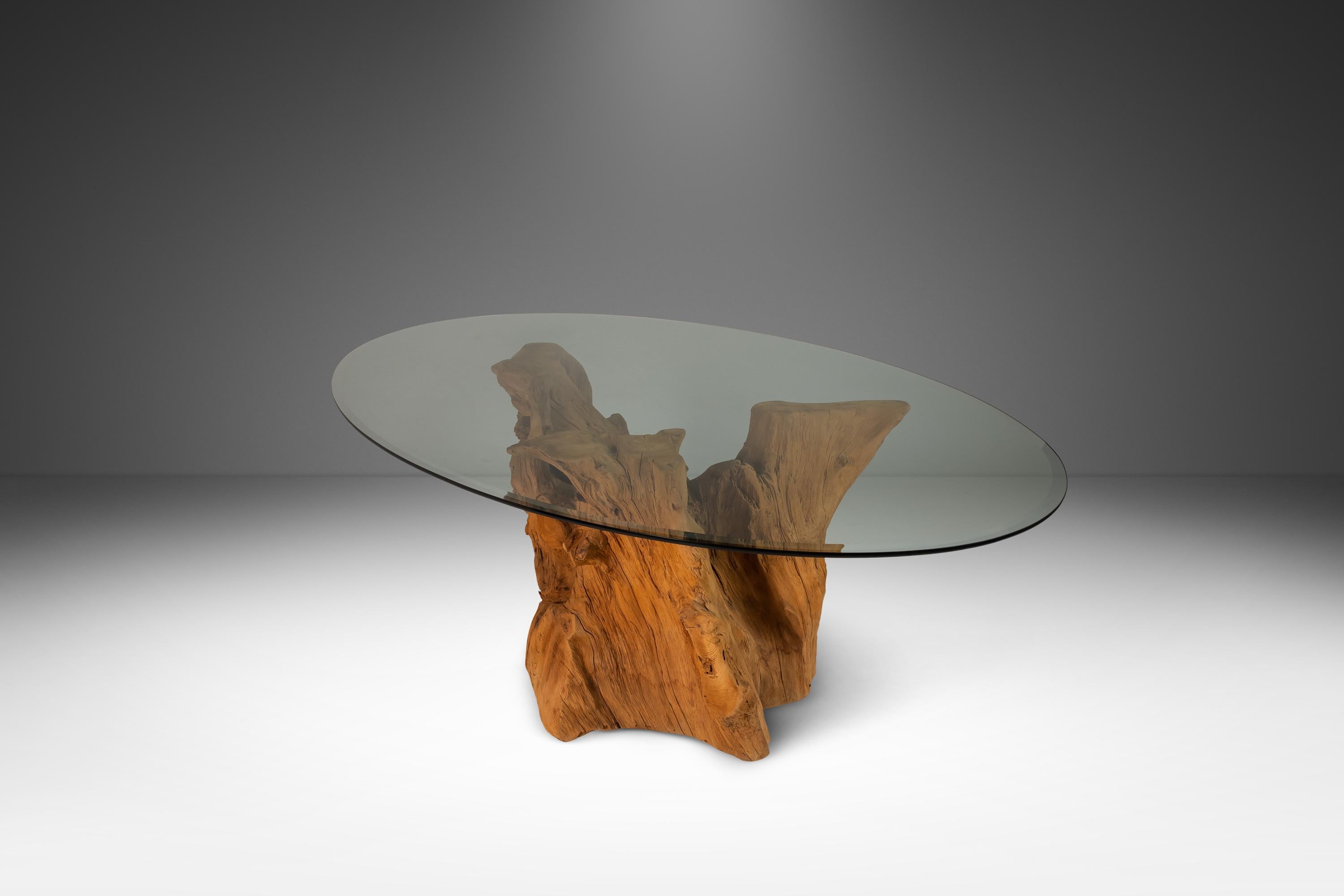 Organic Modern Substantial Glass-Top Dining Table With Cypress Tree Trunk Base In Good Condition In Deland, FL