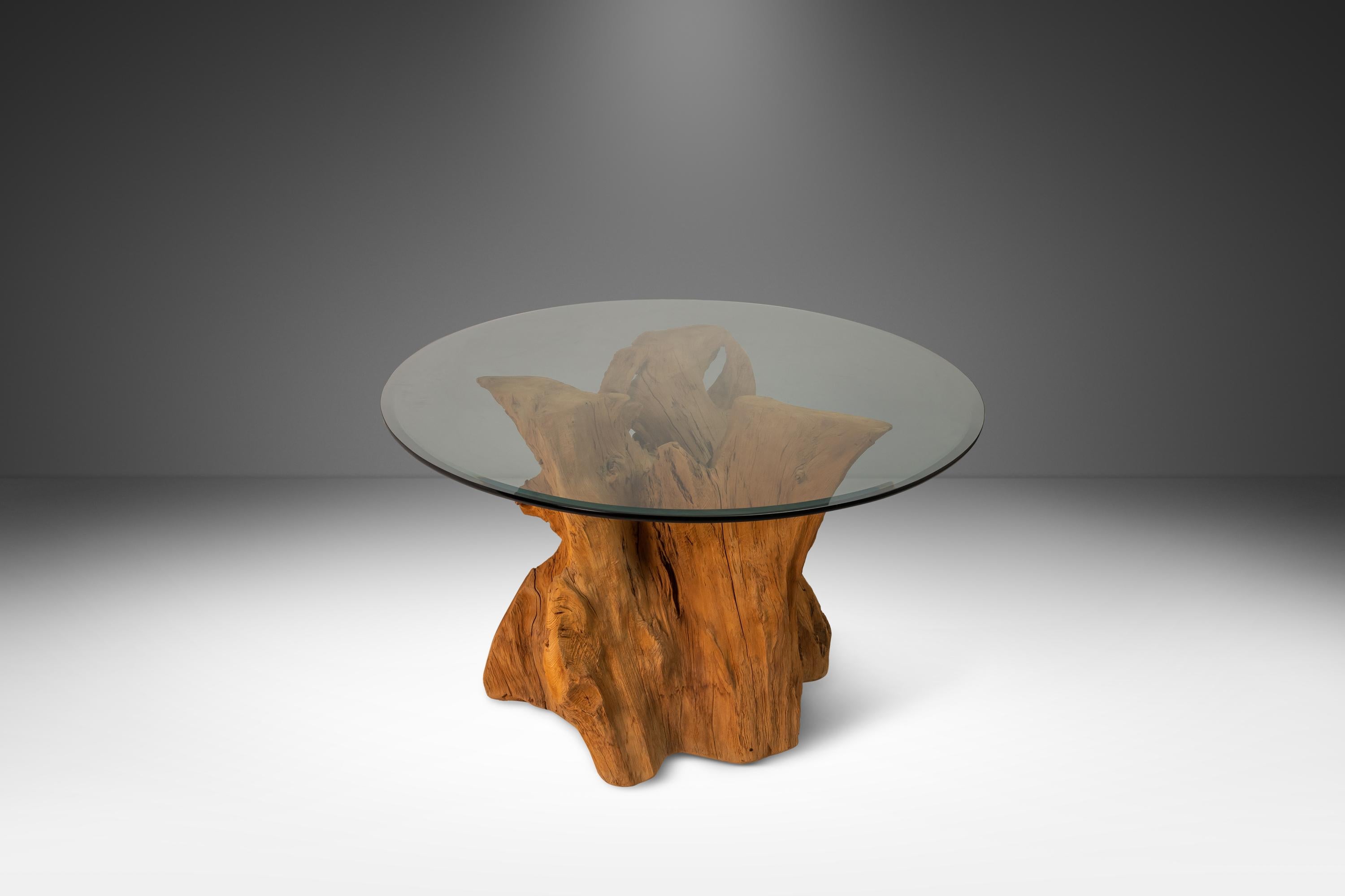 20th Century Organic Modern Substantial Glass-Top Dining Table With Cypress Tree Trunk Base