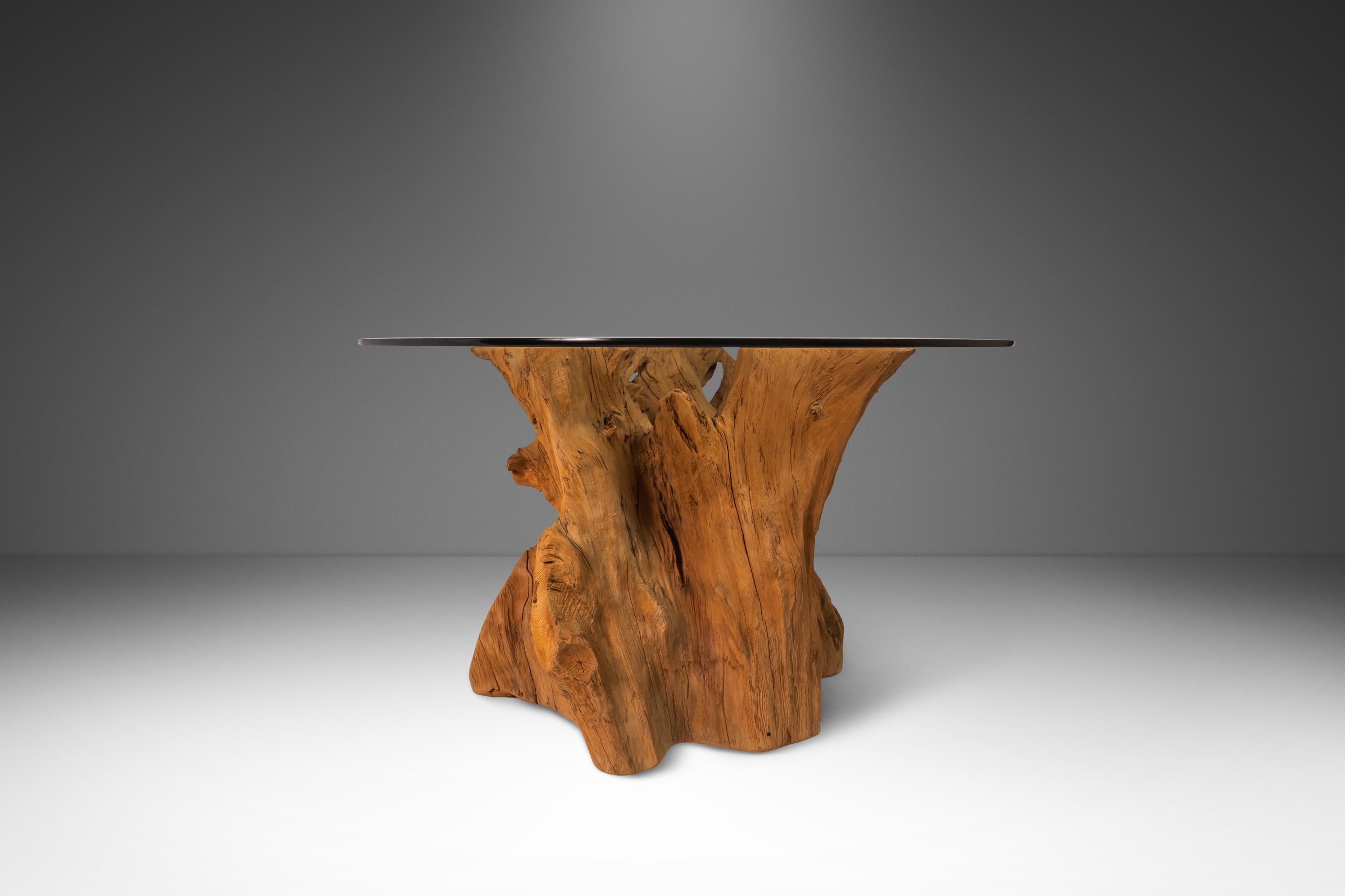 Organic Modern Substantial Glass-Top Dining Table With Cypress Tree Trunk Base 1