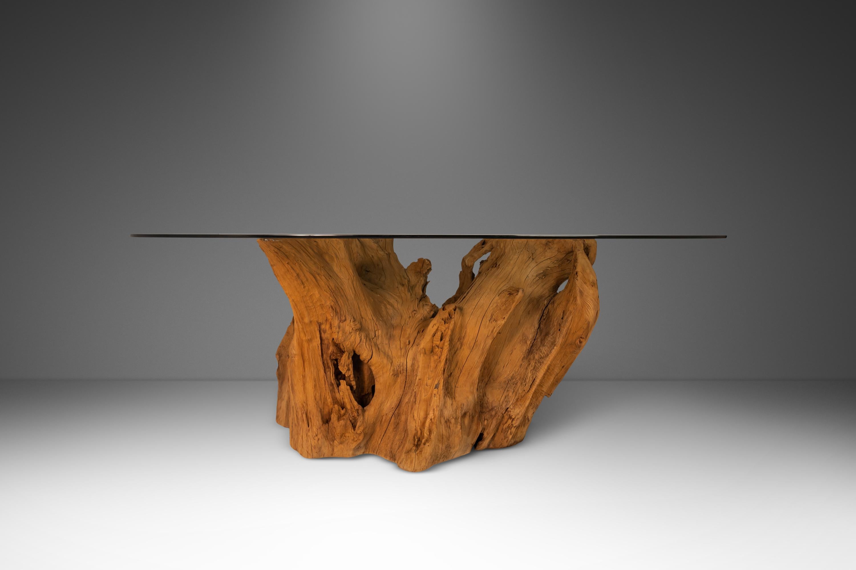 Organic Modern Substantial Glass-Top Dining Table With Cypress Tree Trunk Base 2