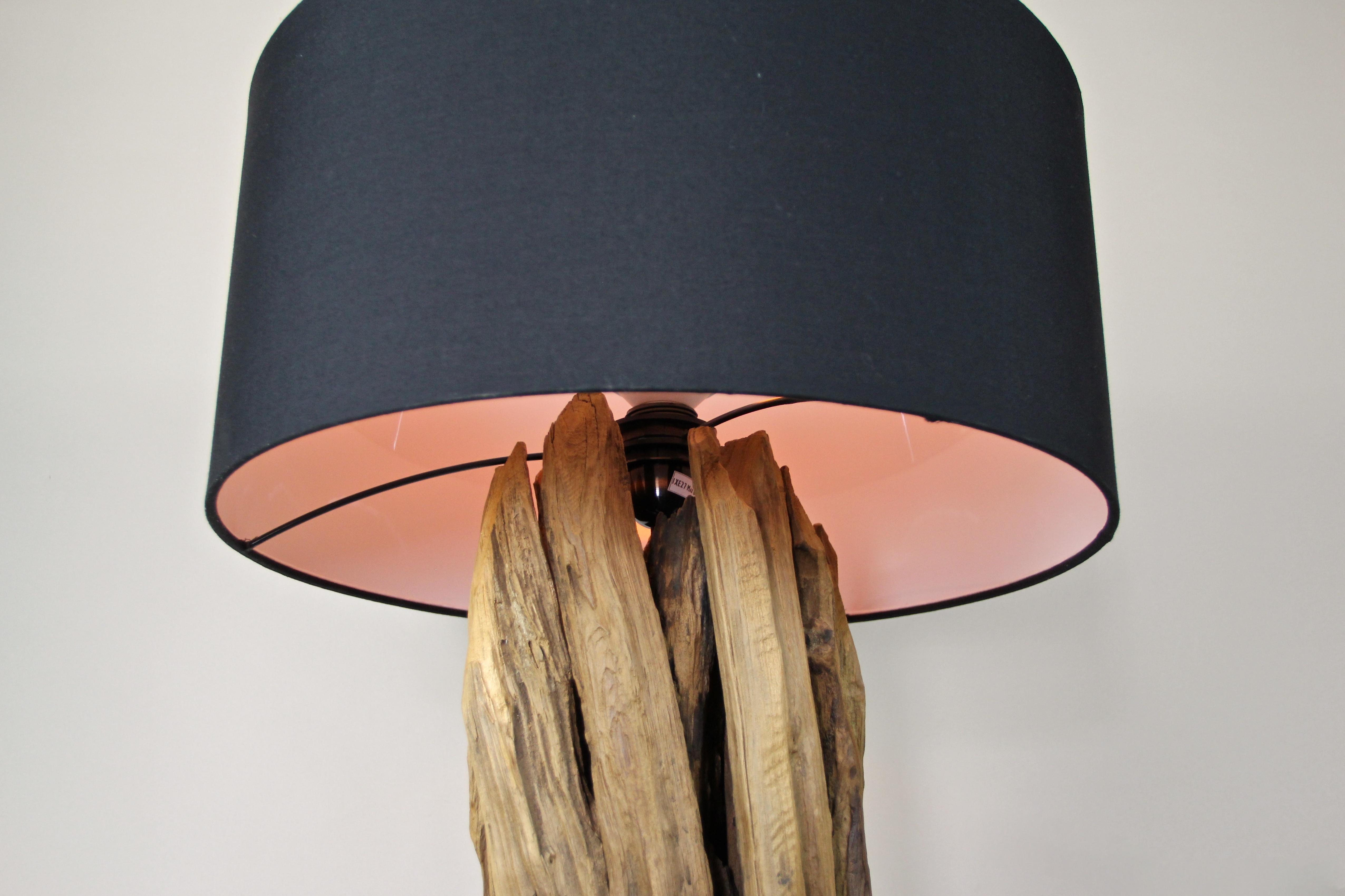 Italian Organic Modern Table Lamp with Old Driftwood and Greyblue Lampshade