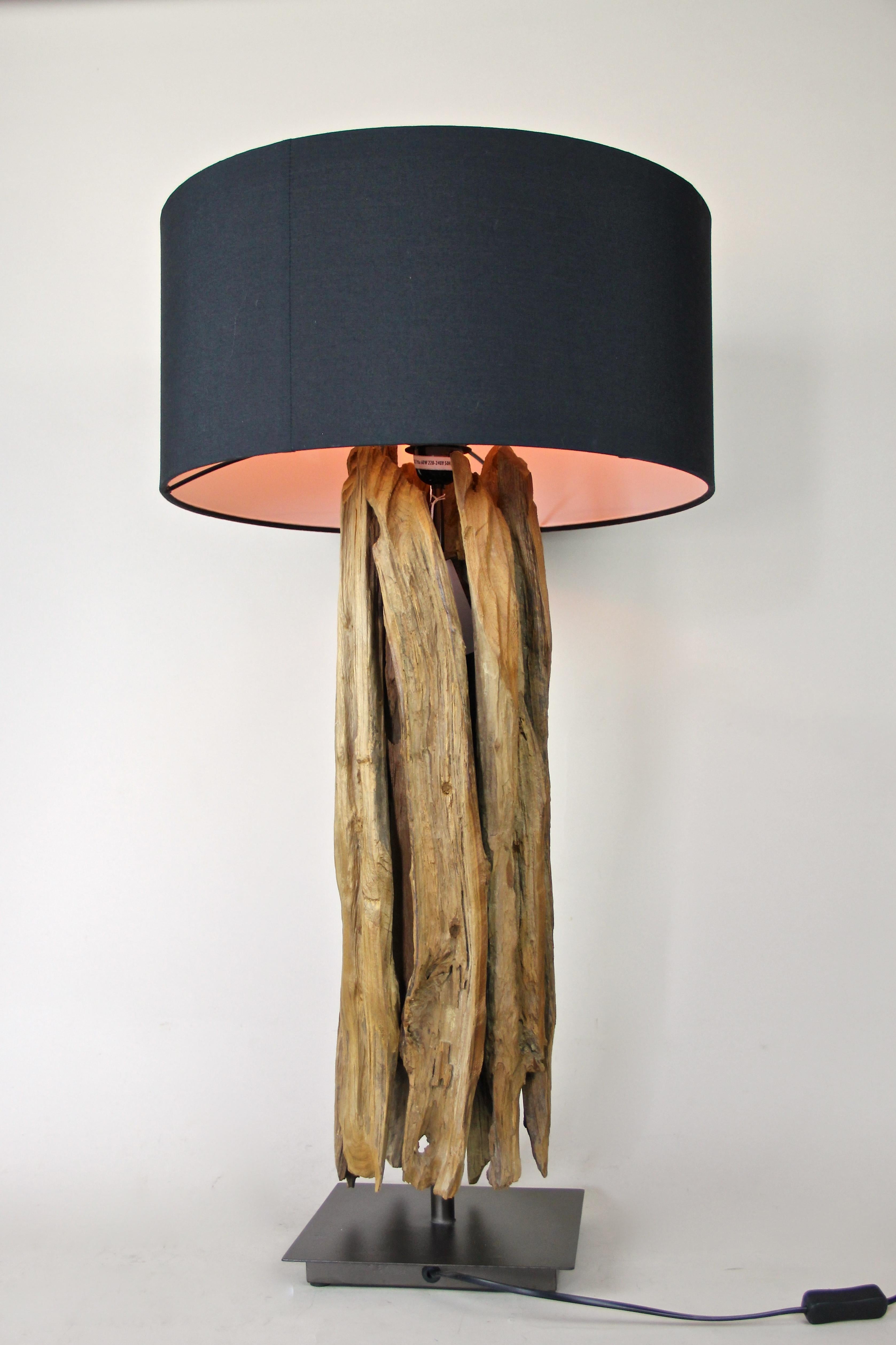 Contemporary Organic Modern Table Lamp with Old Driftwood and Greyblue Lampshade