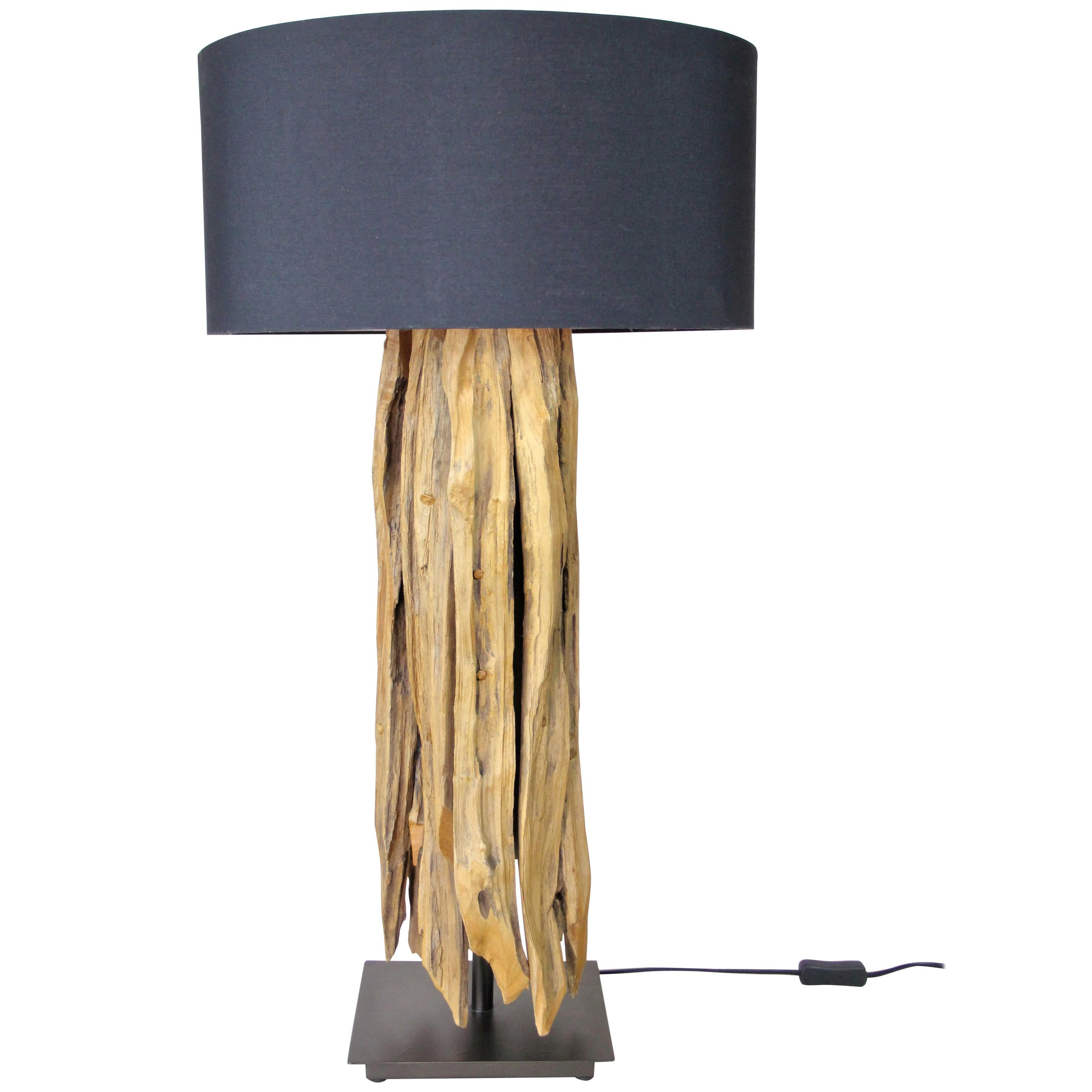 Organic Modern Table Lamp with Old Driftwood and Greyblue Lampshade
