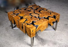 Organic Modern Teak Root Coffee Table "The Puzzle" on Stainless Steel Base