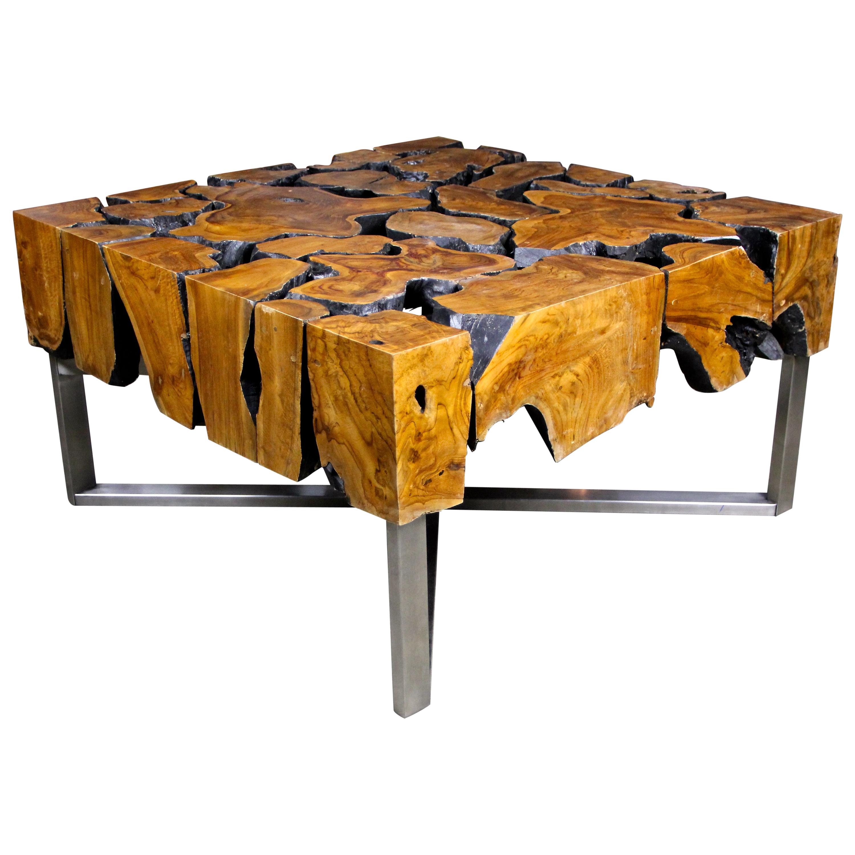 Organic Modern Teak Root Coffee Table "The Puzzle" on Stainless Steel Base