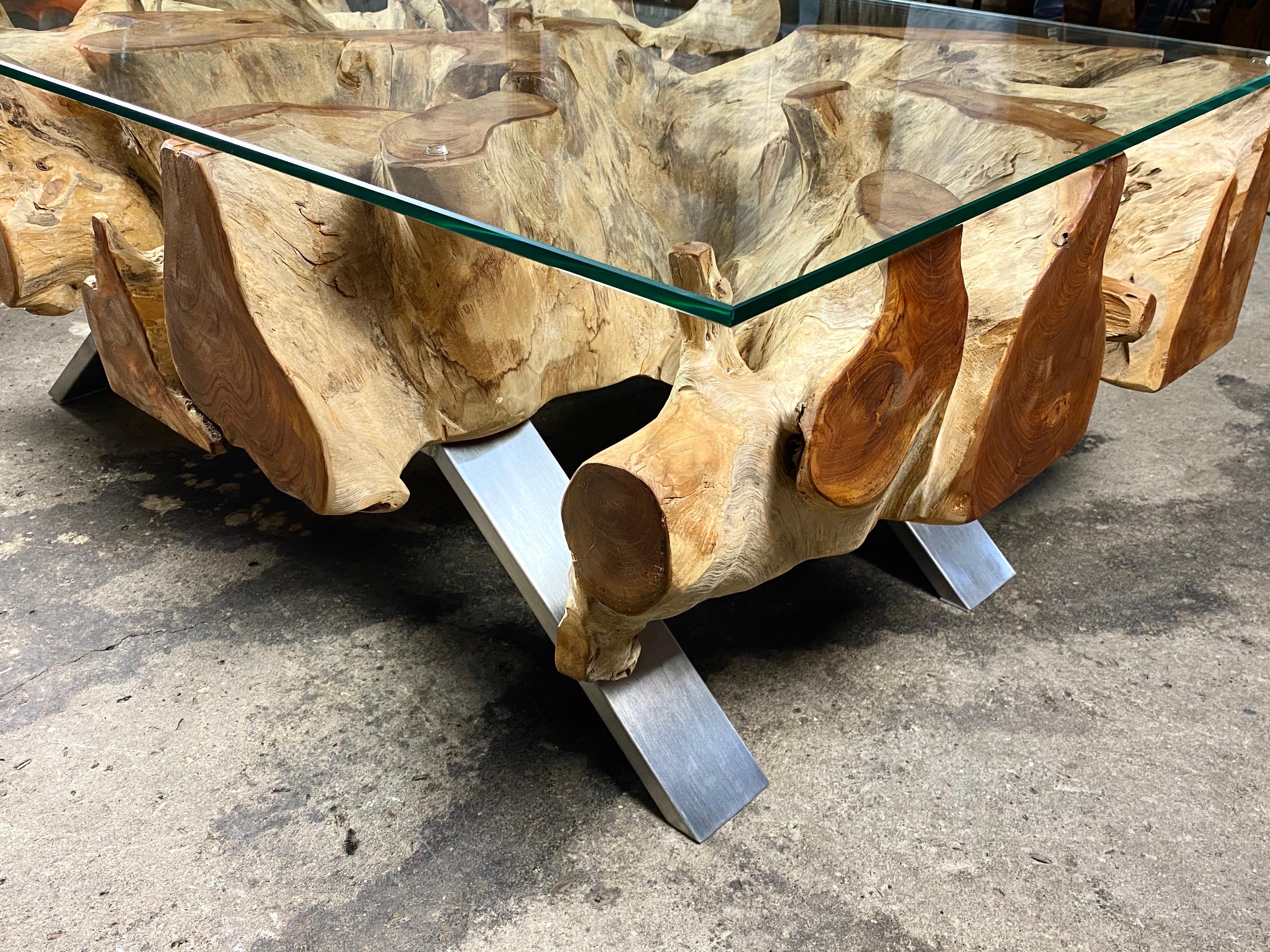 Organic Modern Teak Root Coffee Table with Safety Glass Plate 5