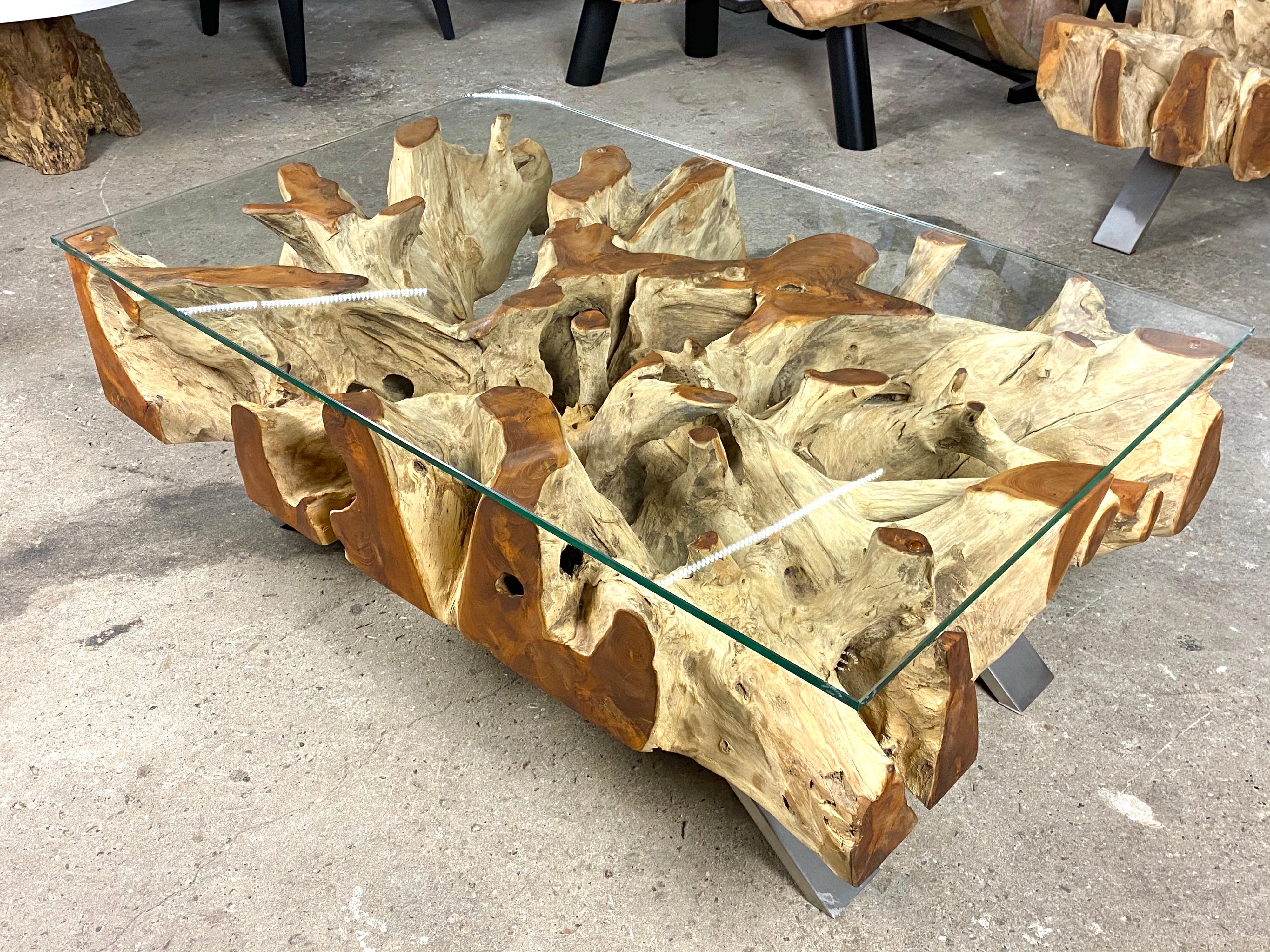 Organic Modern Teak Root Coffee Table with Safety Glass Plate 1