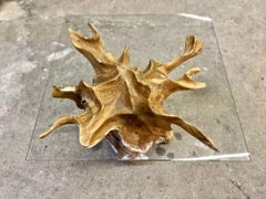 Organic Modern Teak Root Coffee Table With Safety Glass Top, IDN 2025