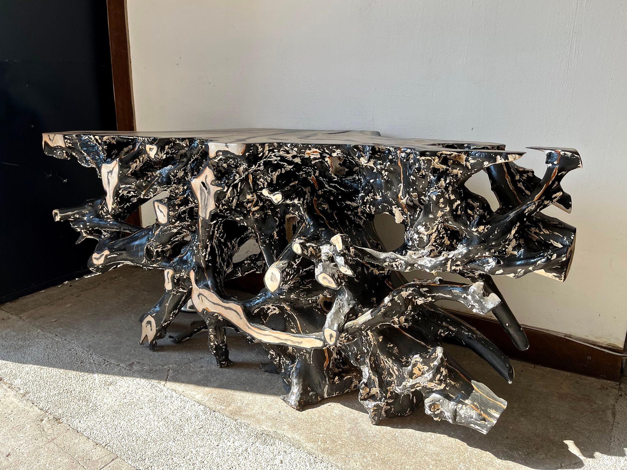 Absolutely extraordinary, large organic modern sideboard/ console table specially painted in black. This outstanding looking black contemporary console table has been artfully handcrafted by a very talented Indonesian artist. The artfully lacquered