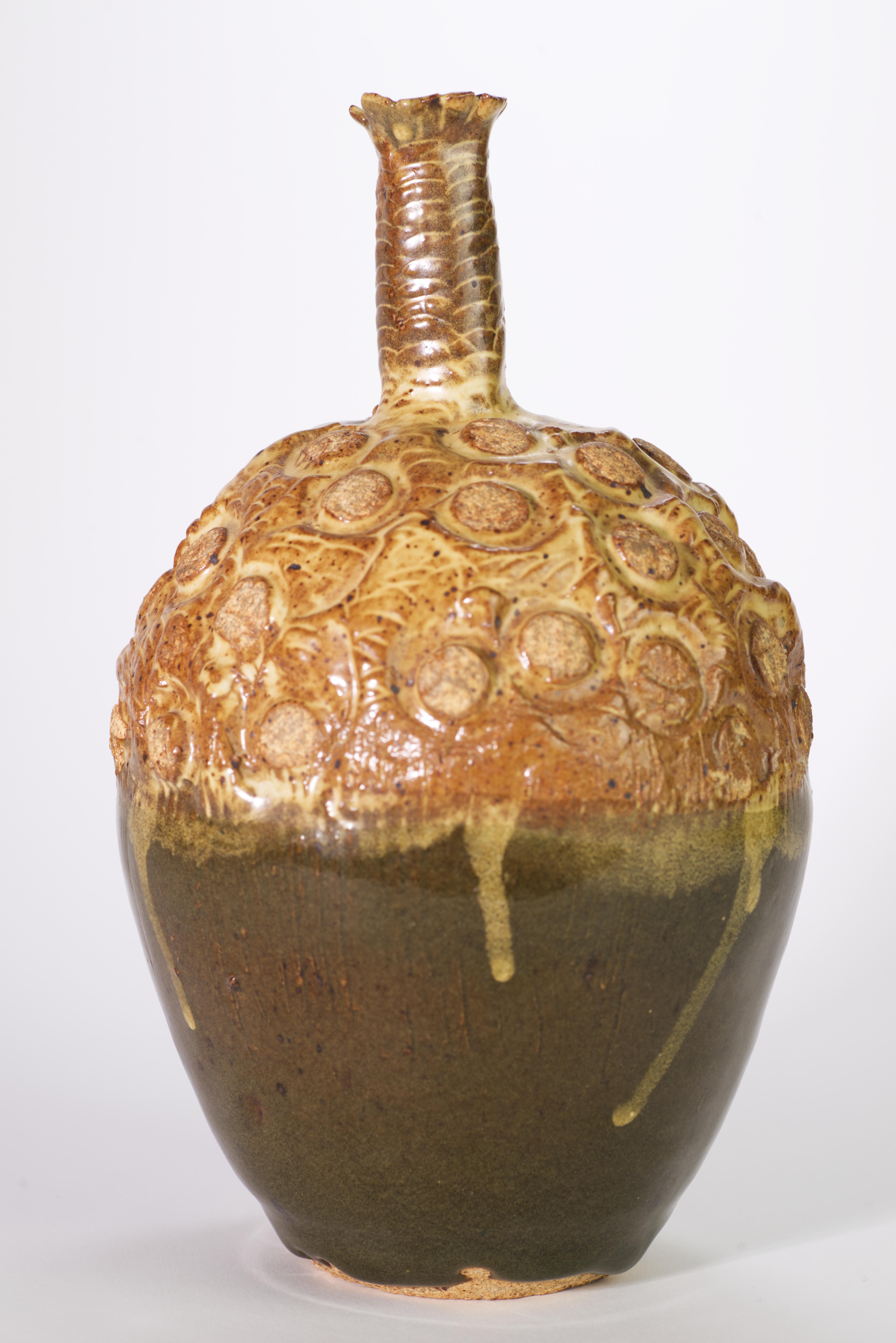 Glazed Organic Modern Textured Acorn Shaped Vase, American Art Studio Pottery For Sale