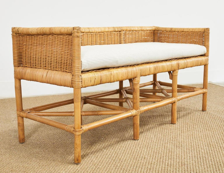 Organic Modern Tommy Hilfiger Rattan Wicker Bench Settee For Sale at