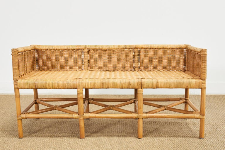 Organic Modern Tommy Hilfiger Rattan Wicker Bench Settee For Sale at