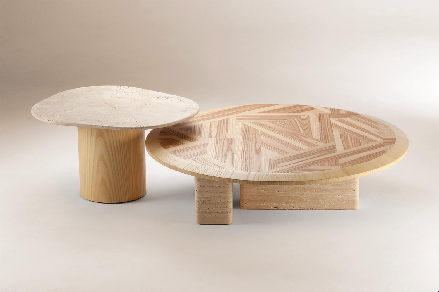 Scandinavian Modern DOOQ Organic Modern Travertine and Olive Ash Portuguese Tables L'anamour For Sale