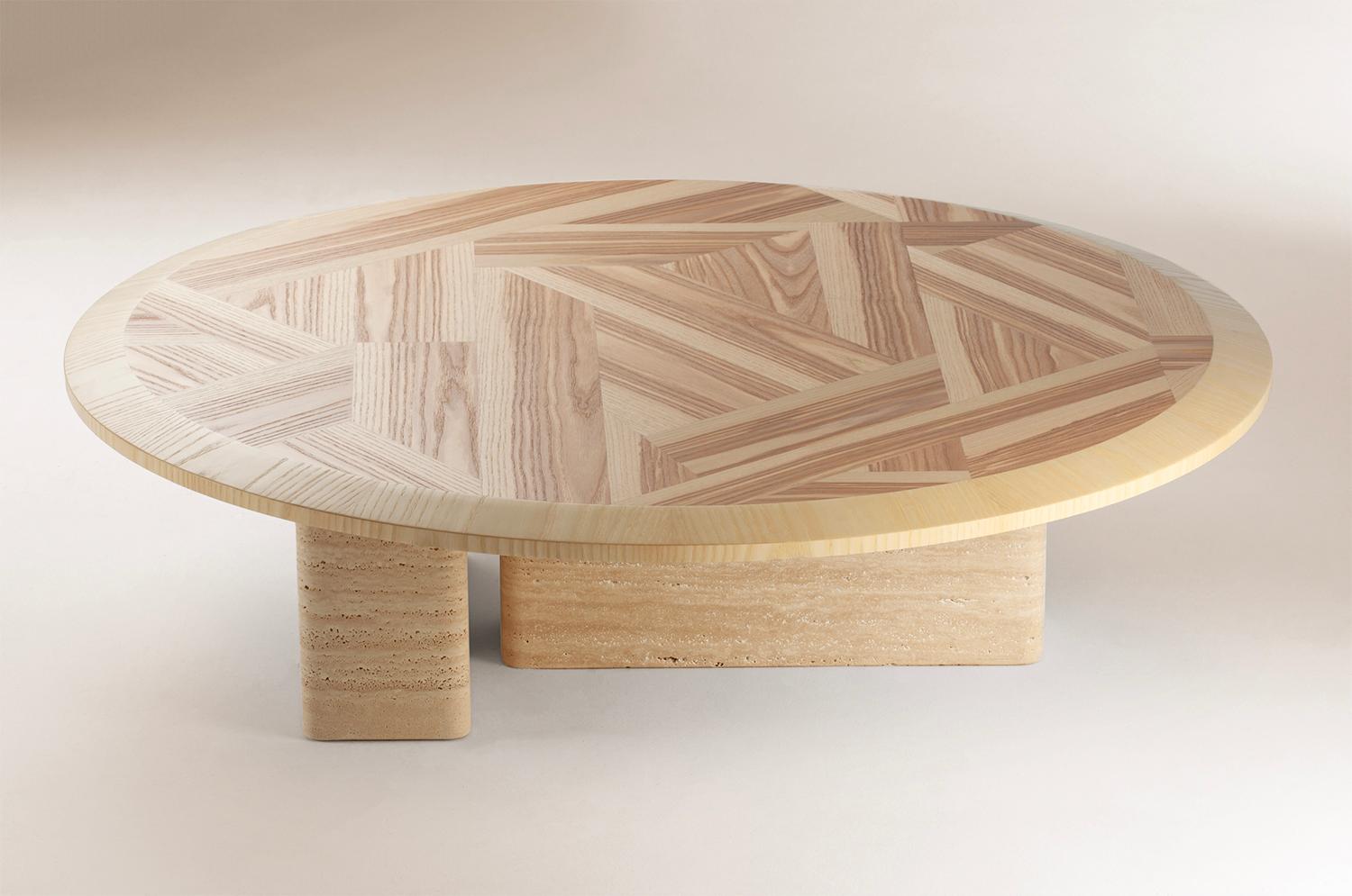Contemporary DOOQ Organic Modern Travertine and Olive Ash Portuguese Tables L'anamour For Sale
