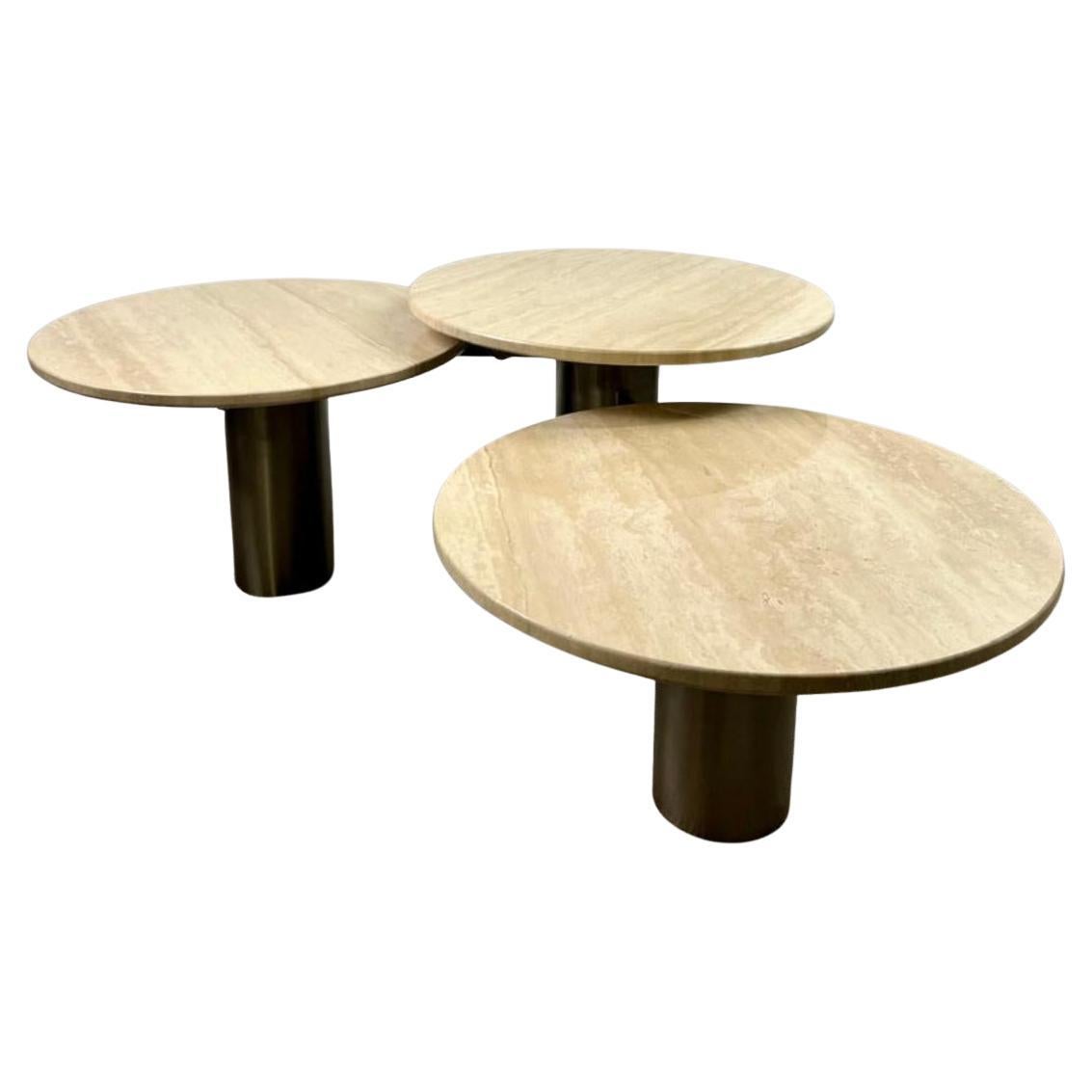 Organic Modern Travertine Three-Tier Circular Coffee Table with Metal Base For Sale
