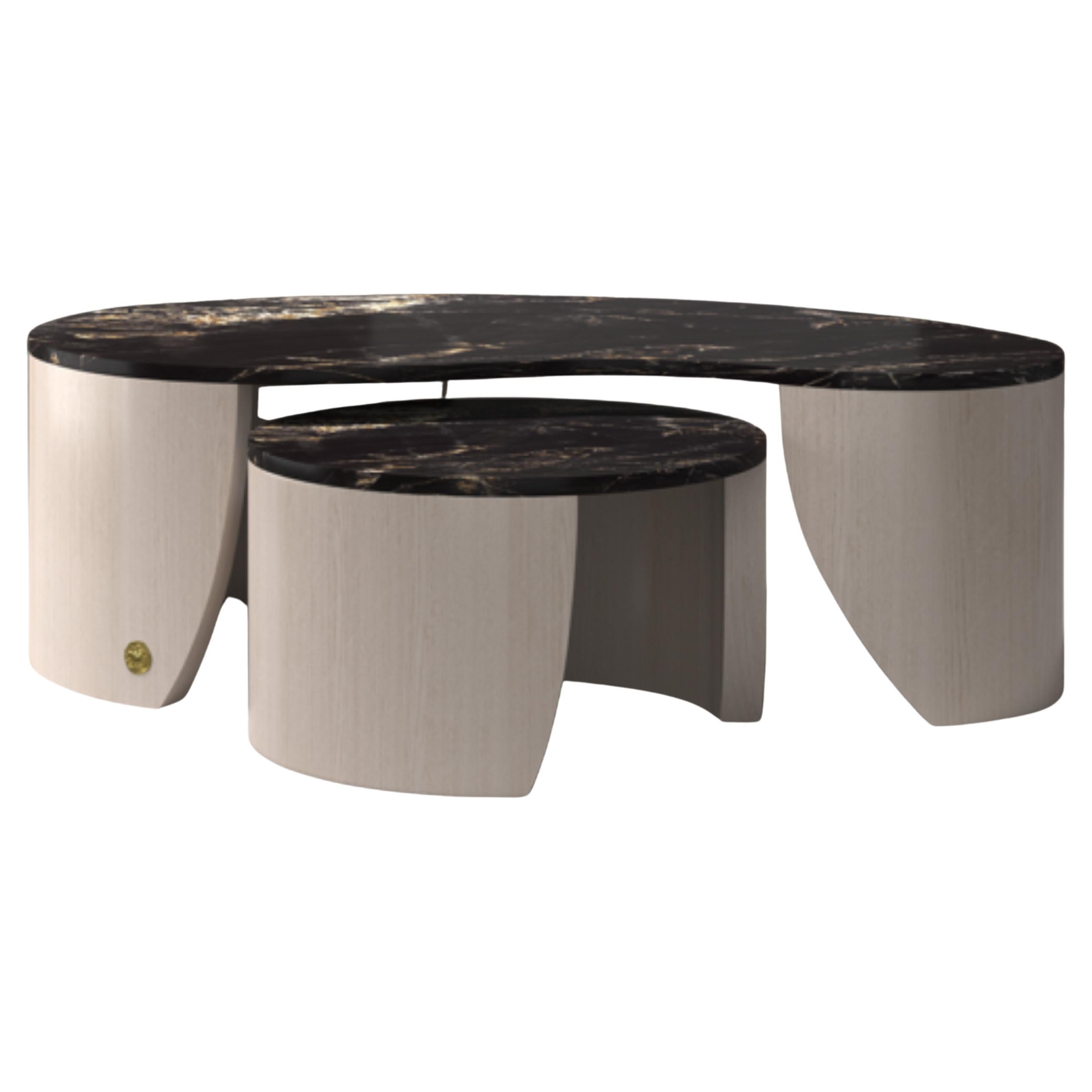 Juego de Mesa de Centro "Curvas" de Travertino y Madera, Colección Parisii