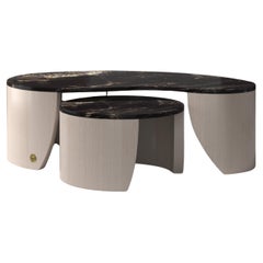 Table basse moderne organique en travertin et bois "Curves", Collectional Parisii