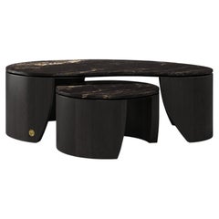 Organic Modern Travertine & Wood “Curves” Coffee Table Set, Parisii Collection