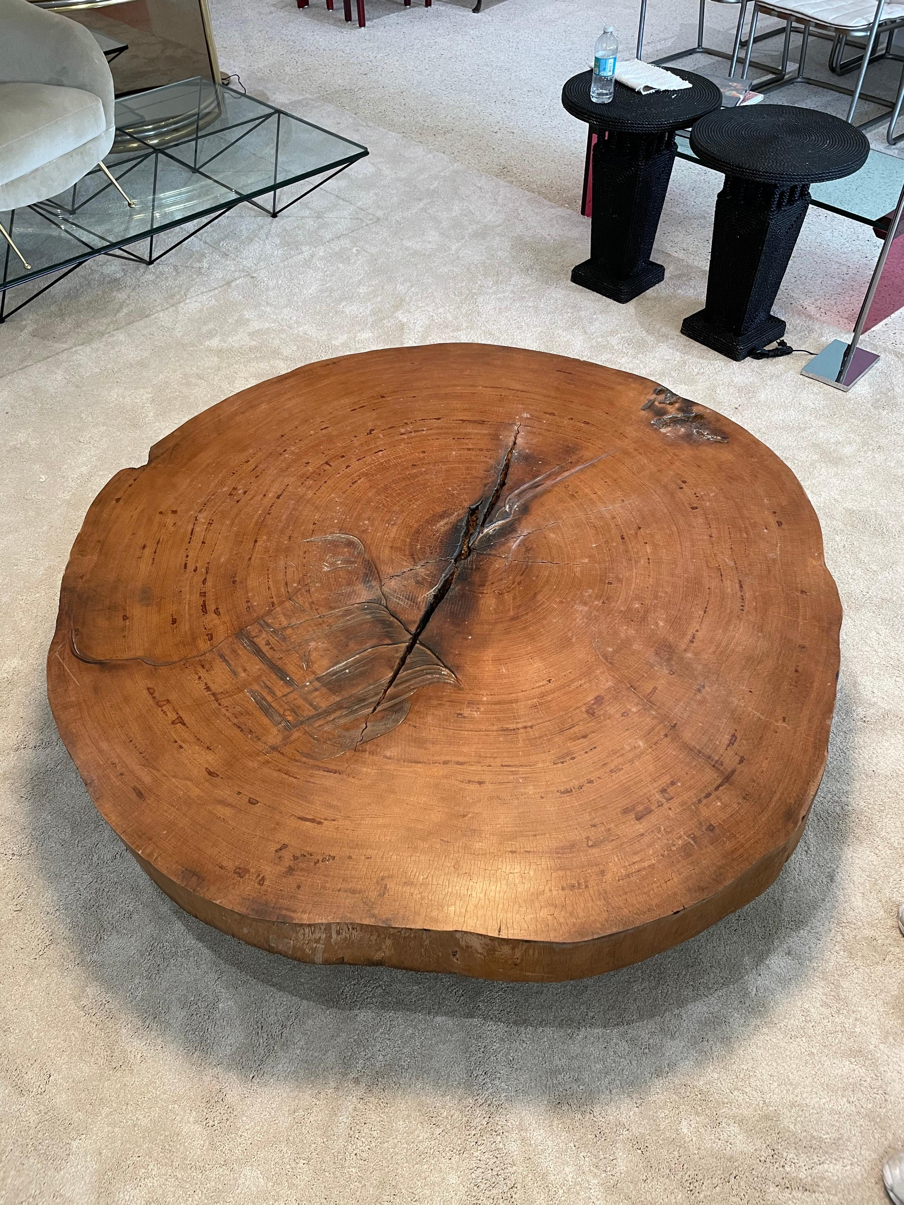 Iron Organic Modern Tree Trunk Slice Oversized Coffee Table in Peroba Wood