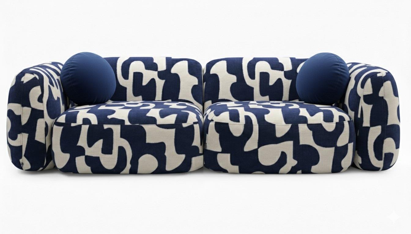 Hand-Crafted Organic Modern Two Seater Sofa in Terracotta Velvety Jacquard w Abstract Motifs For Sale