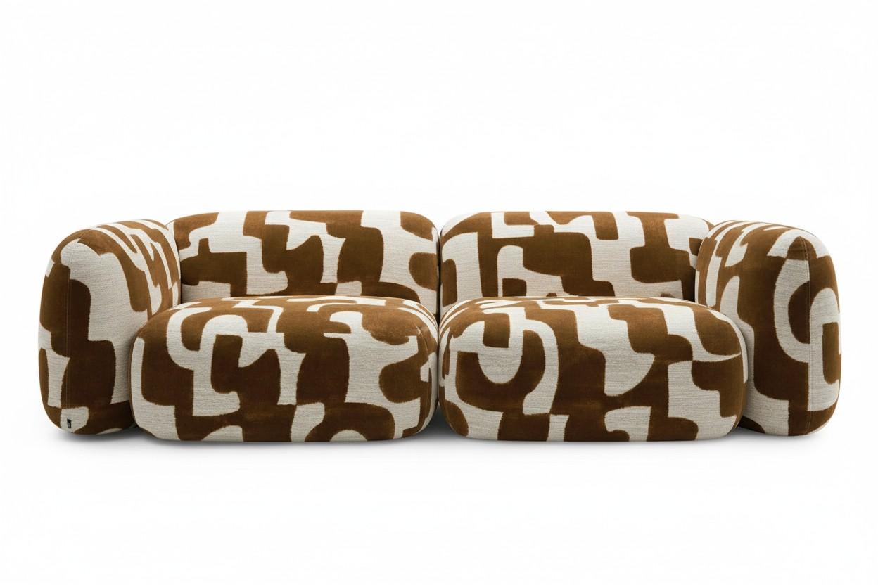 Organic Modern Two Seater Sofa in Terracotta Velvety Jacquard w Abstract Motifs In New Condition For Sale In NEW YORK, NY