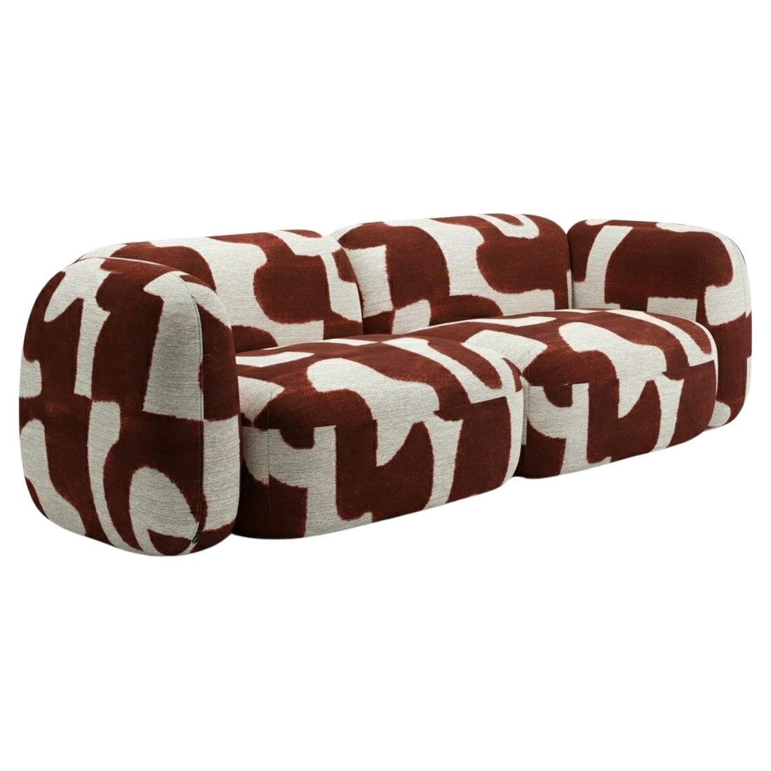 Organic Modern Two Seater Sofa in Terracotta Velvety Jacquard w Abstract Motifs For Sale