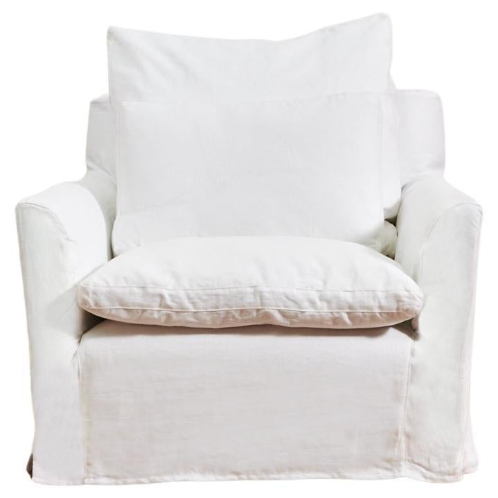 Slipcovered Donato Lounge Chair in Otis White Linen For Sale
