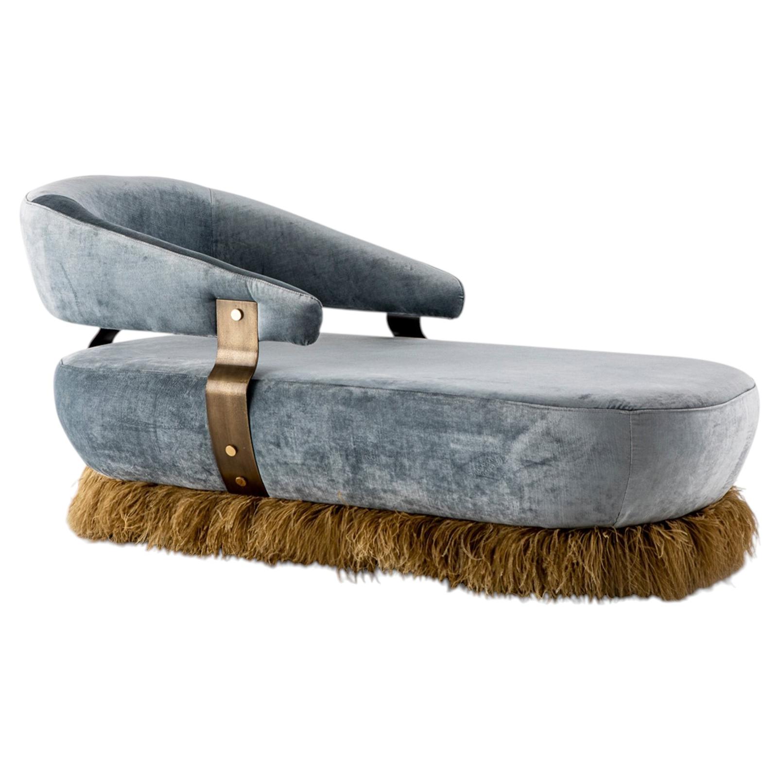Organic Modern Velvet Ostrich Feather Daybed with Bronzed Brass, Egg Design