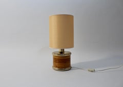 Organic Modern Vintage Circular Brass Rattan Table Lamp 1970s Italy