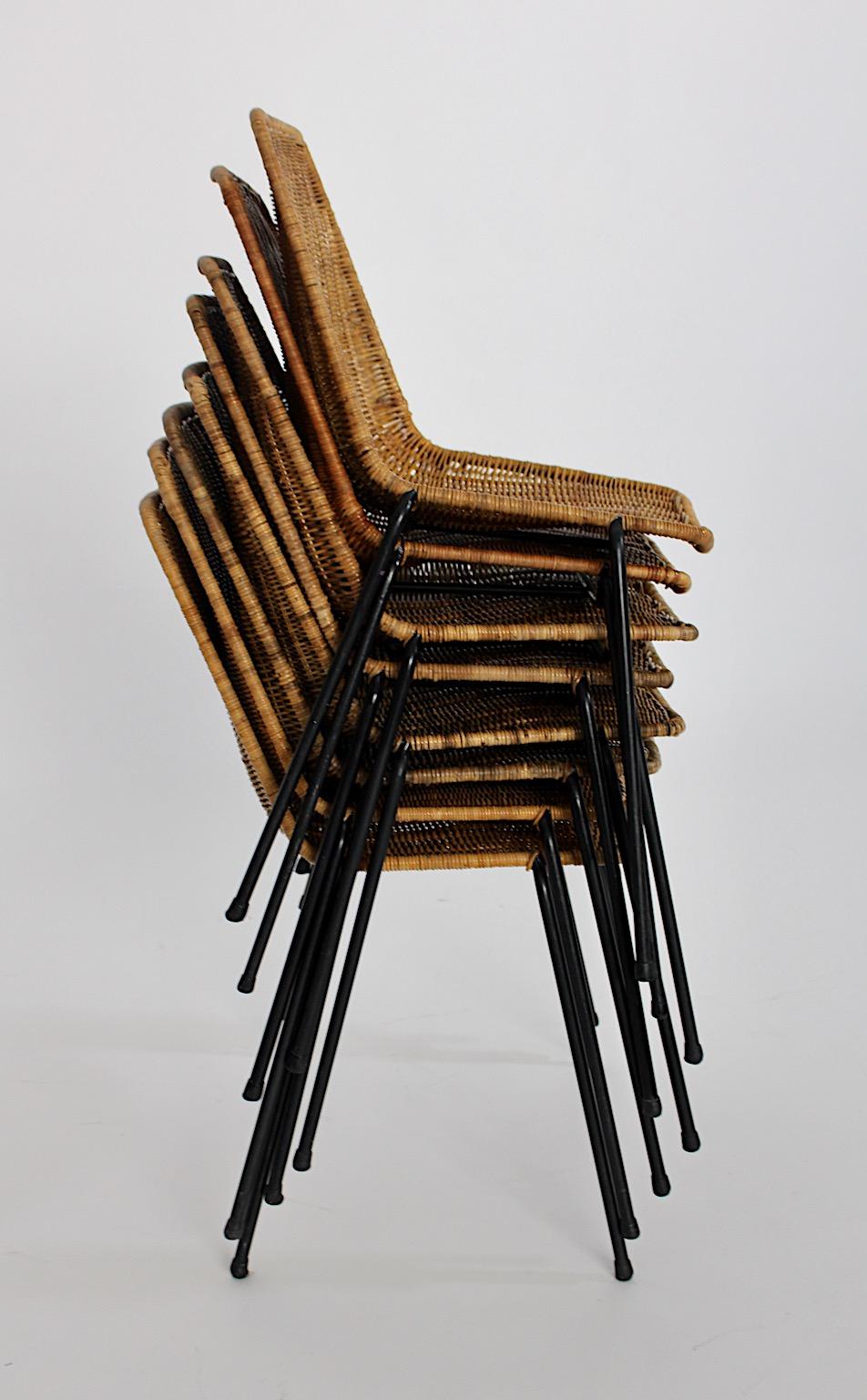 Organic Modern Vintage Eight Rattan Metal Dining Chairs Gian Franco Legler 1950s For Sale 5