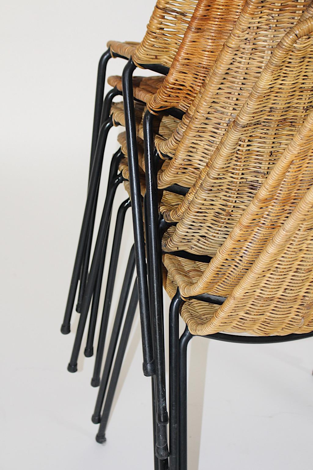 Organic Modern Vintage Eight Rattan Metal Dining Chairs Gian Franco Legler 1950s For Sale 7