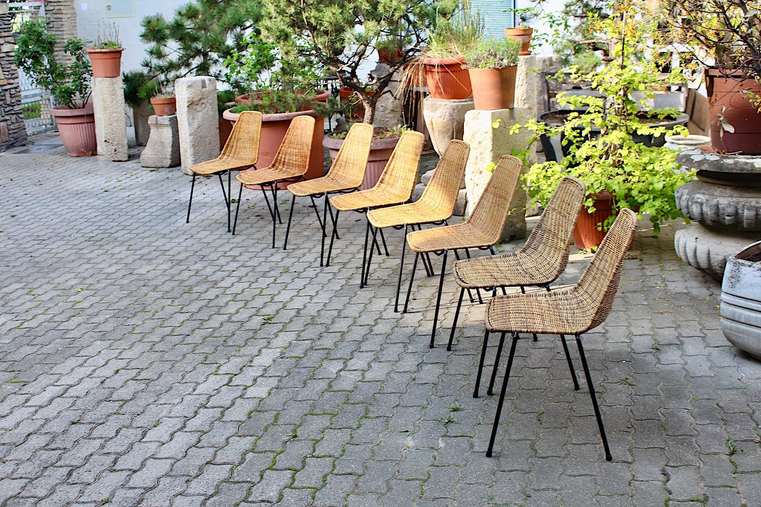 Organic Modern Vintage Eight Rattan Metal Dining Chairs Gian Franco Legler 1950s For Sale 9