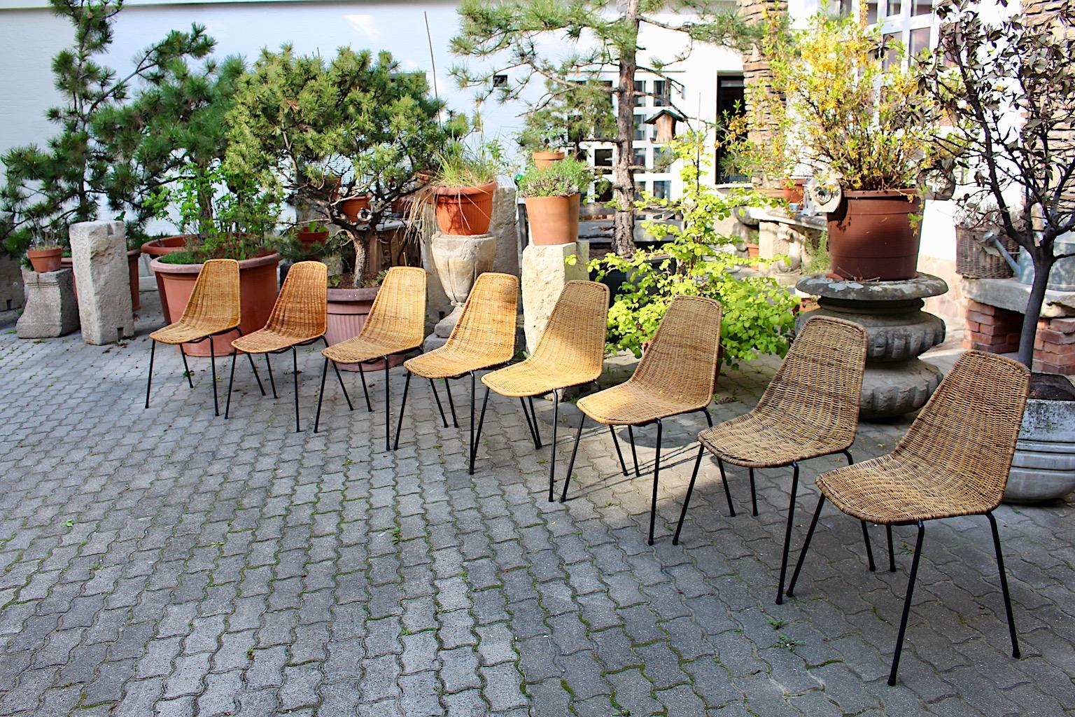 Organic Modern Vintage Eight Rattan Metal Dining Chairs Gian Franco Legler 1950s For Sale 10