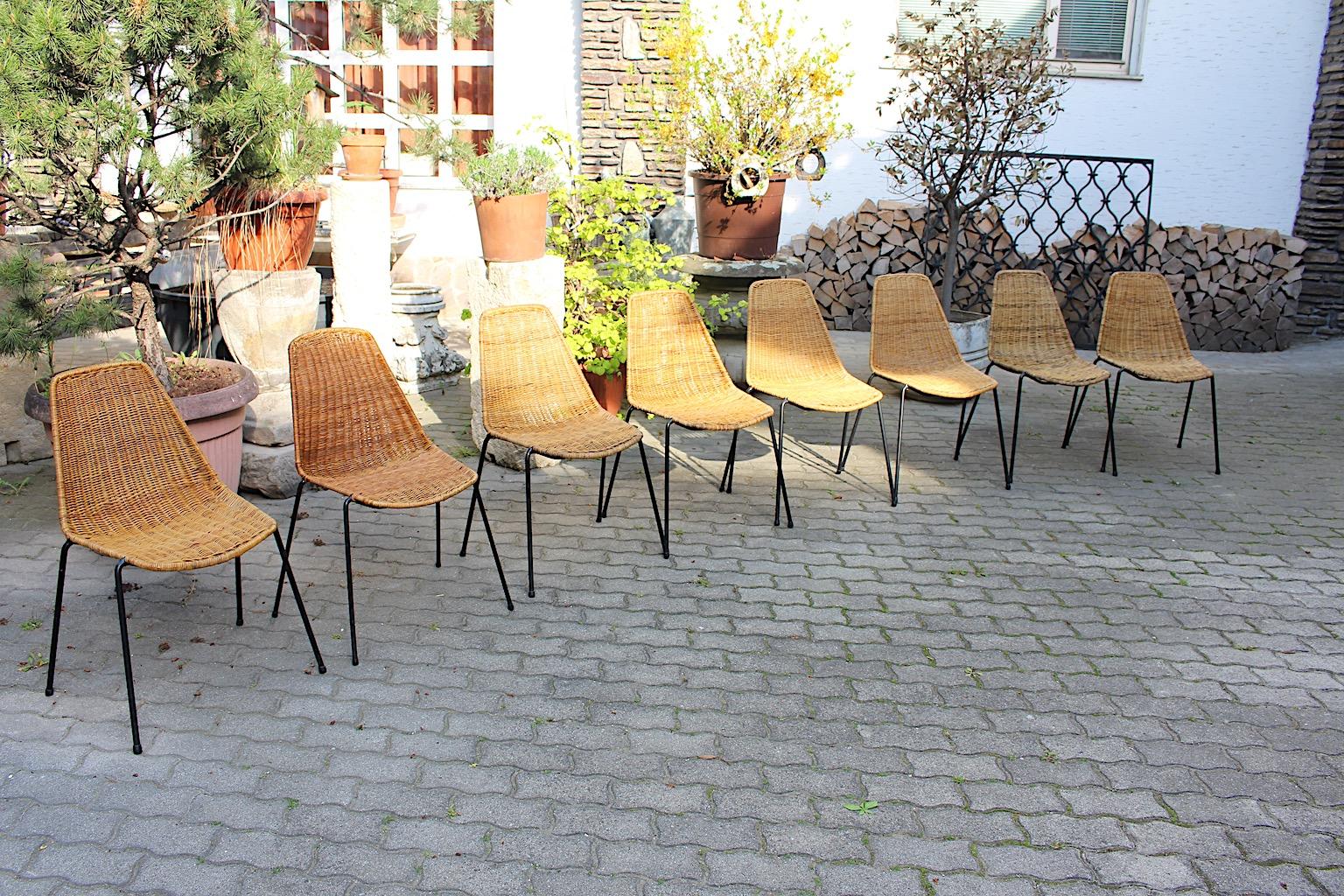 Organic Modern Vintage Eight Rattan Metal Dining Chairs Gian Franco Legler 1950s For Sale 12