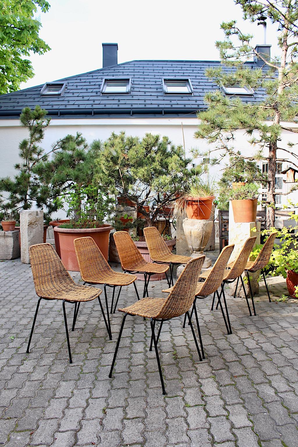 Organic Modern Vintage Eight Rattan Metal Dining Chairs Gian Franco Legler 1950s For Sale 13