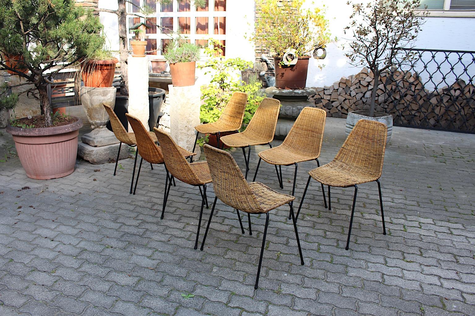Organic Modern Vintage Eight Rattan Metal Dining Chairs Gian Franco Legler 1950s For Sale 14