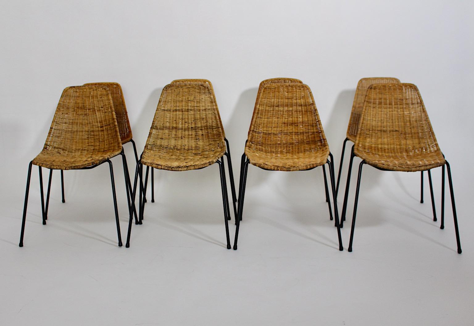 Swiss Organic Modern Vintage Eight Rattan Metal Dining Chairs Gian Franco Legler 1950s For Sale
