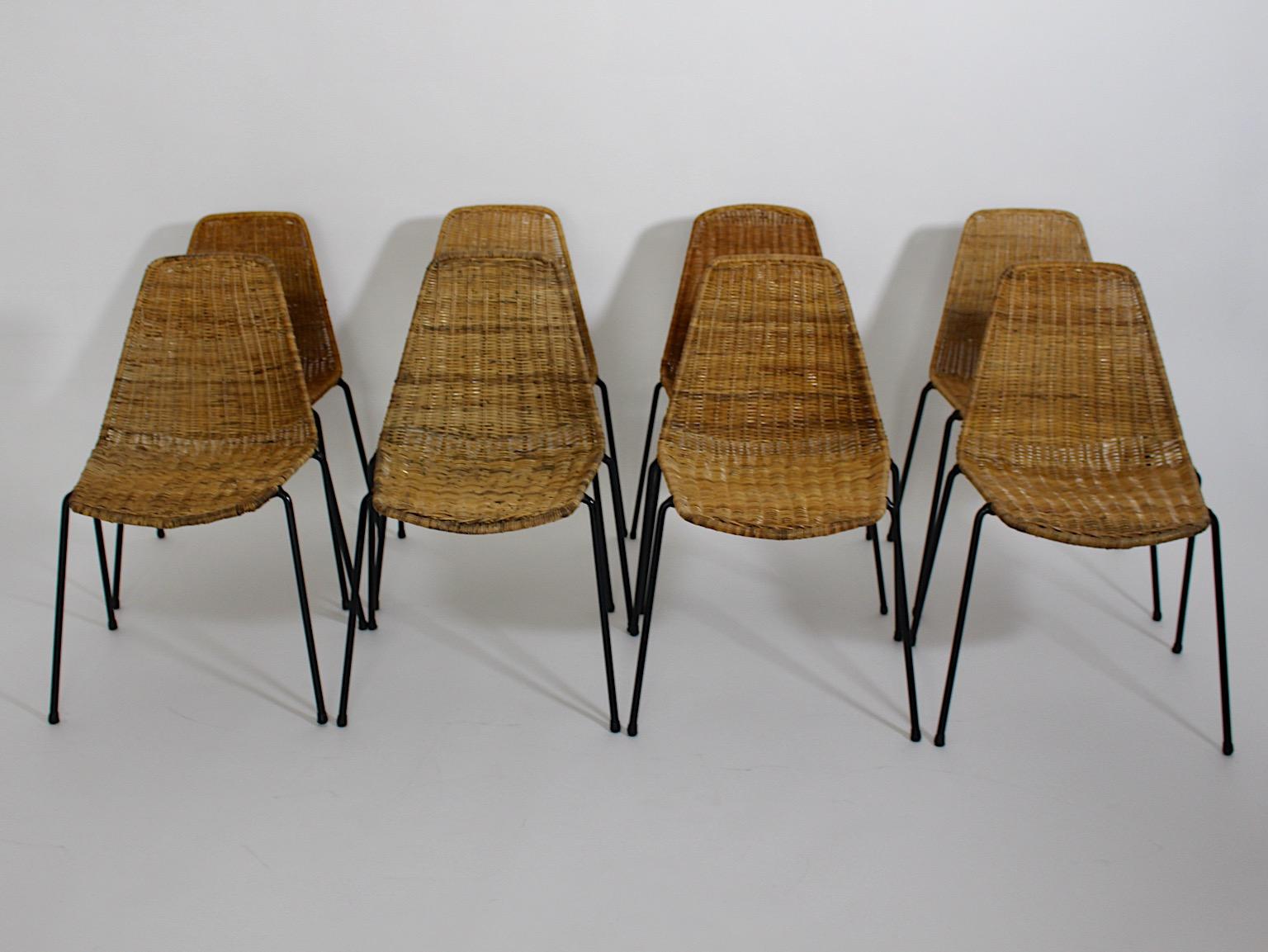 Organic Modern Vintage Eight Rattan Metal Dining Chairs Gian Franco Legler 1950s In Good Condition For Sale In Vienna, AT