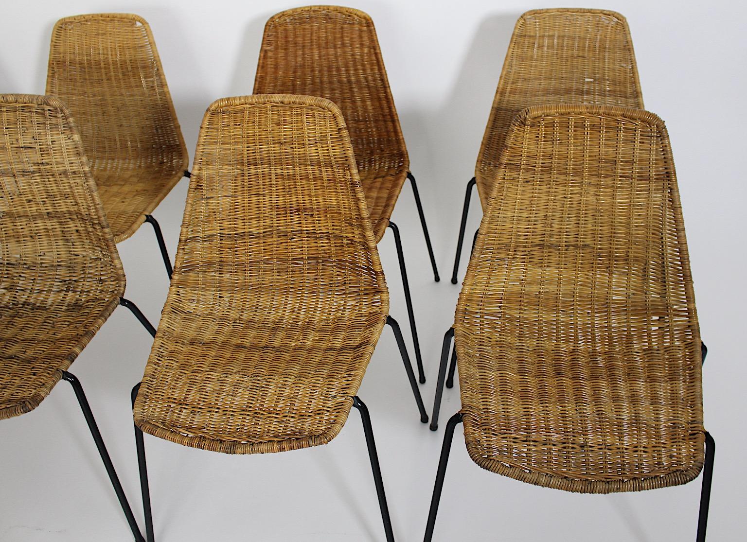 Organic Modern Vintage Eight Rattan Metal Dining Chairs Gian Franco Legler 1950s For Sale 1