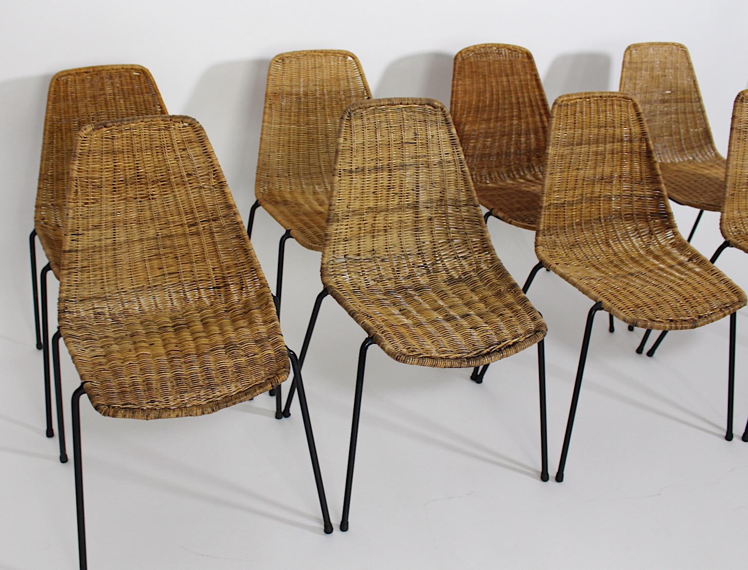 Organic Modern Vintage Eight Rattan Metal Dining Chairs Gian Franco Legler 1950s For Sale 3