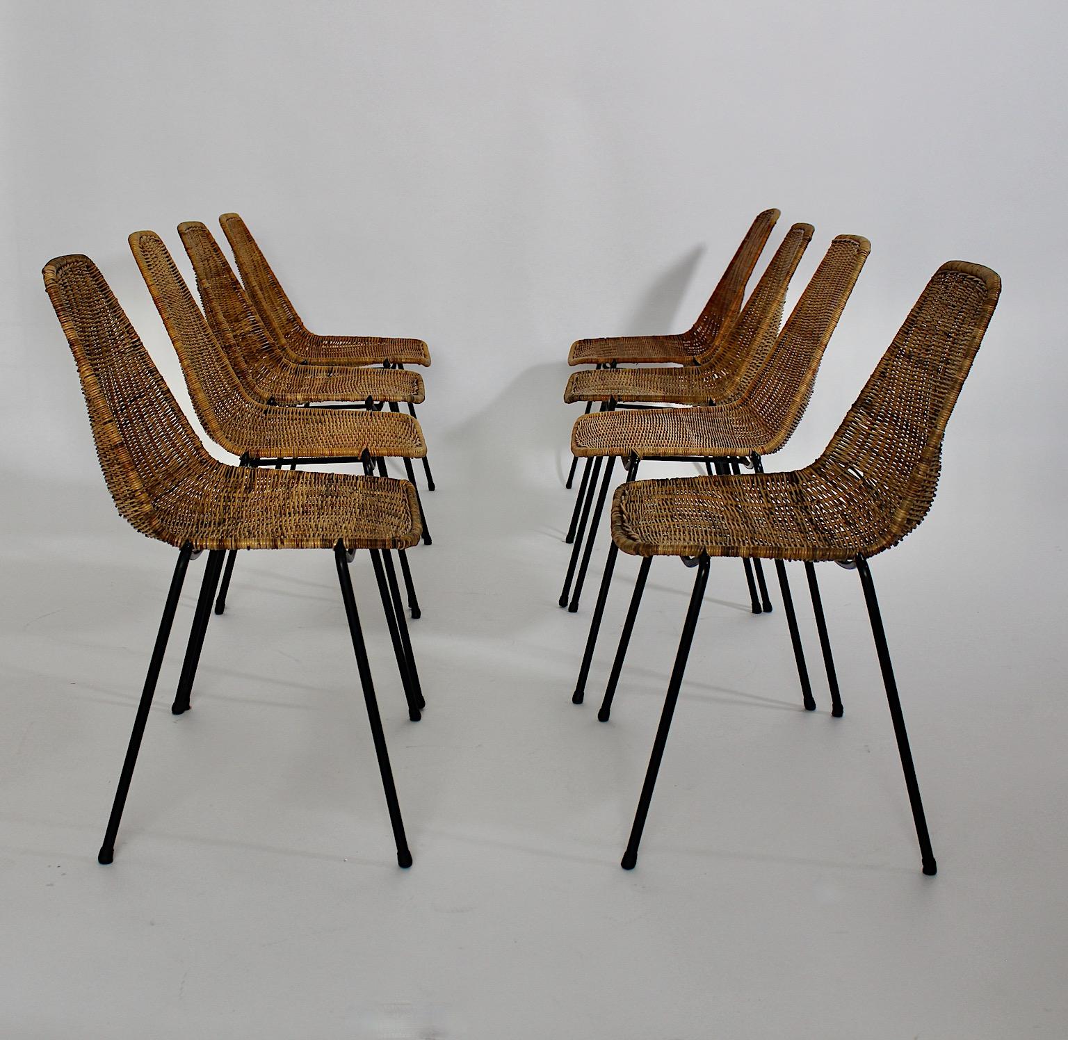 Organic Modern Vintage Eight Rattan Metal Dining Chairs Gian Franco Legler 1950s For Sale 4